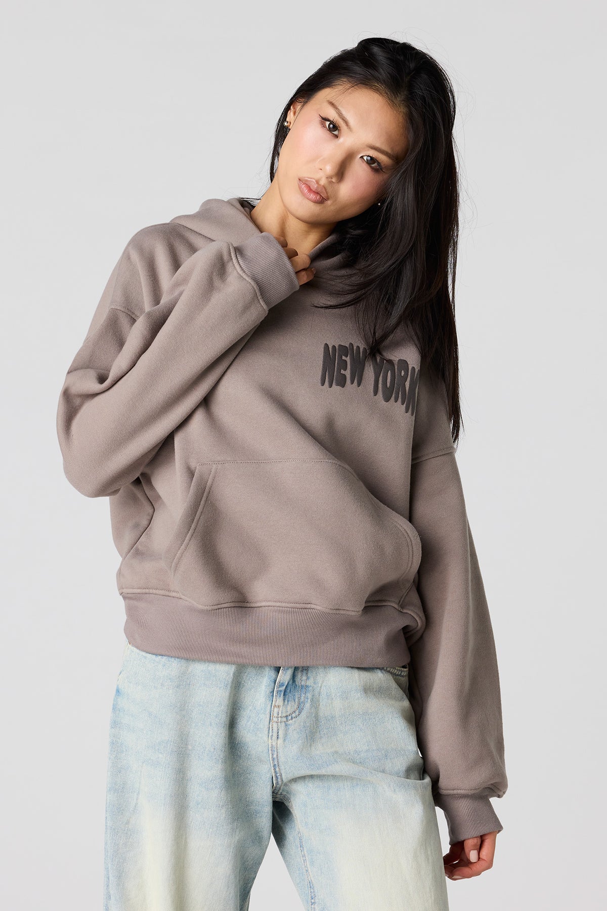 Alt View 2. Luxe Fleece Graphic Boyfriend Hoodie - Taupe