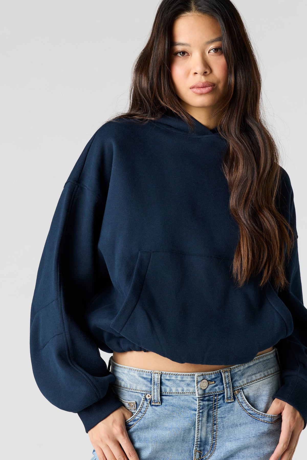 Luxe Fleece Bubble Hem Hoodie - Dark Blue