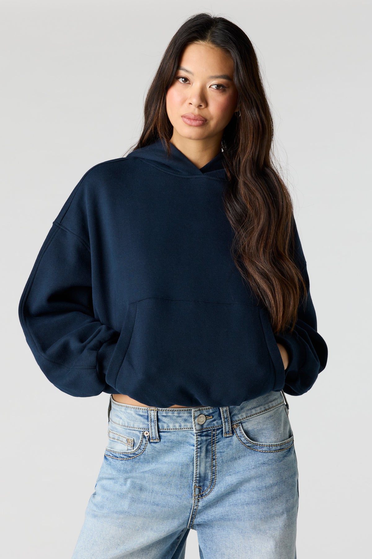 Alt View 4. Luxe Fleece Bubble Hem Hoodie - Dark Blue