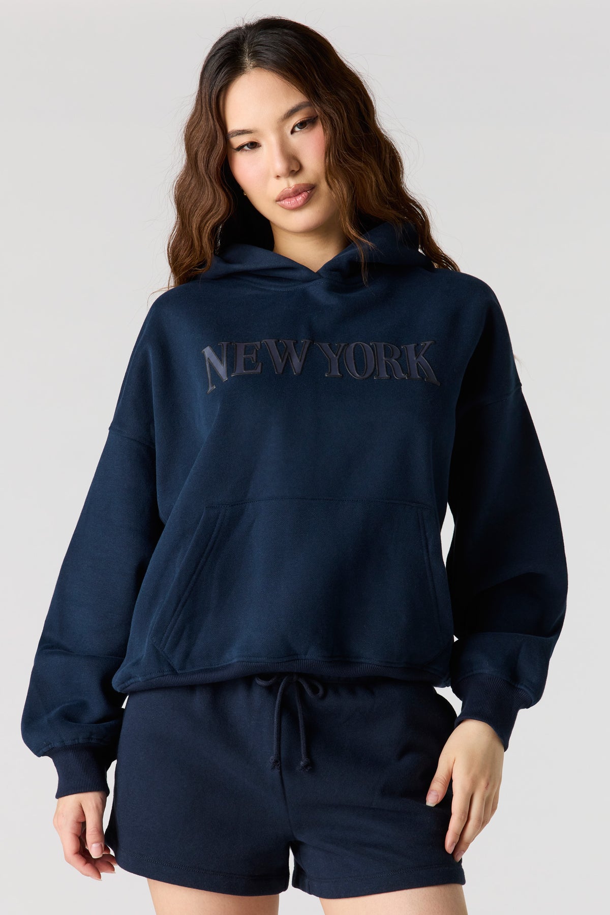 Alt View 4. Luxe Fleece Graphic Boyfriend Hoodie - Dark Blue
