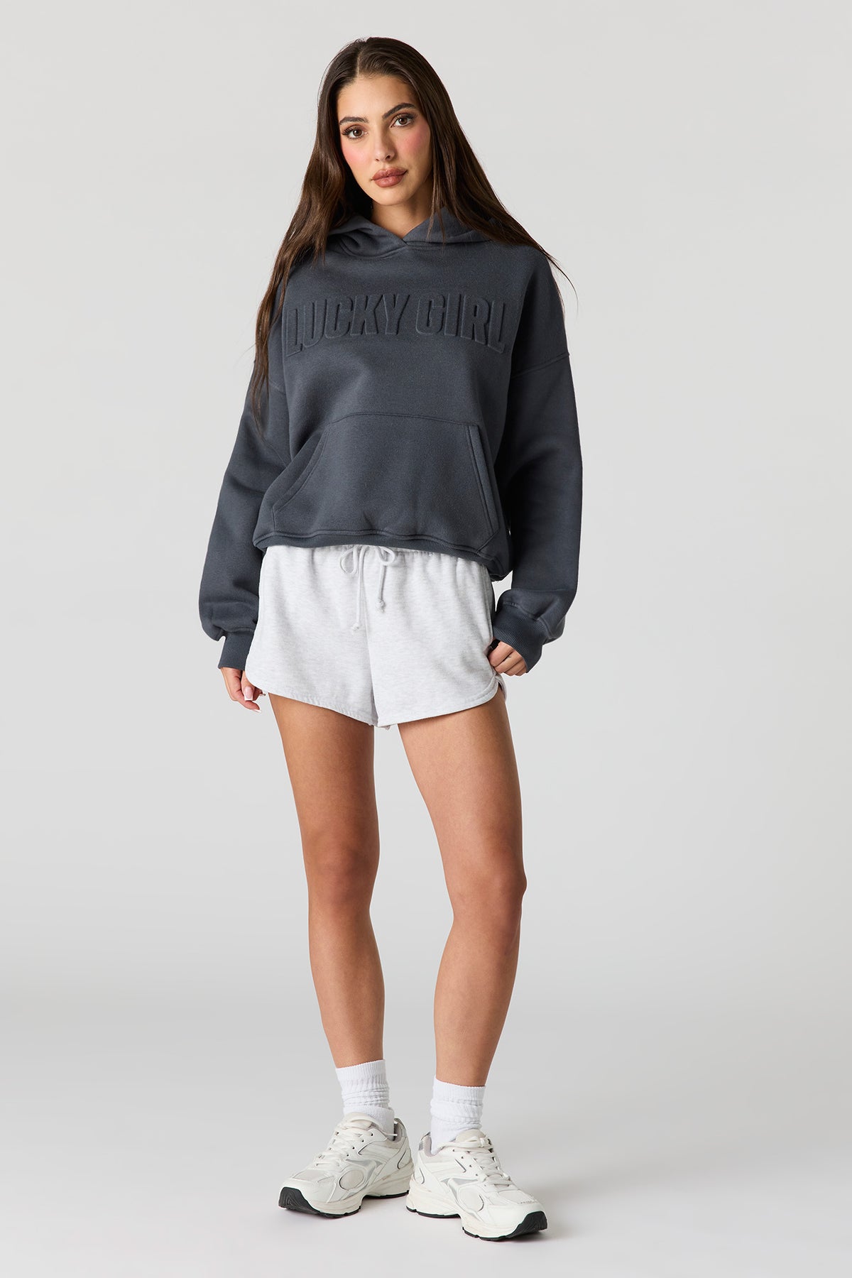 Alt View 3. Luxe Fleece Embossed Boyfriend Hoodie - Dark Grey