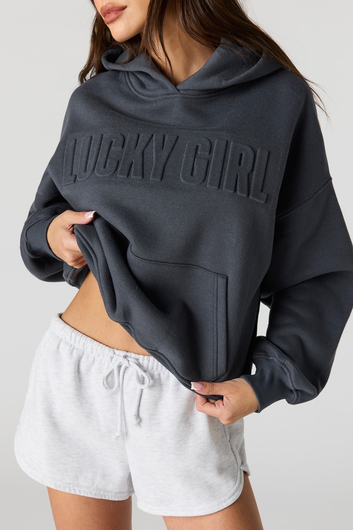 Alt View 4. Luxe Fleece Embossed Boyfriend Hoodie - Dark Grey