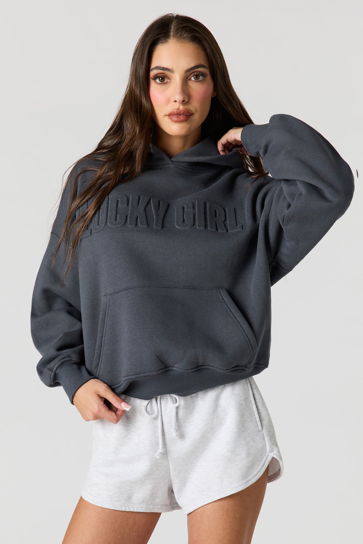 Luxe Fleece Embossed Boyfriend Hoodie - Dark Grey