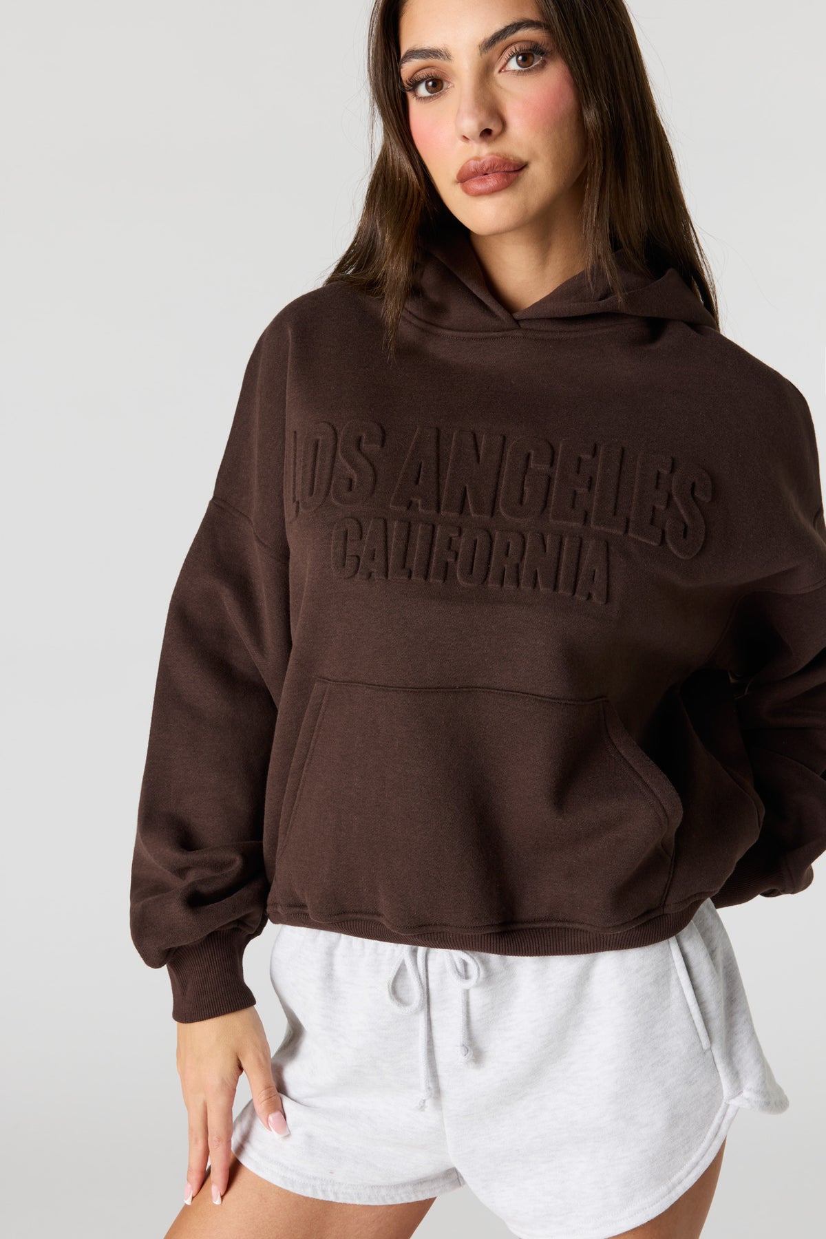Alt View 4. Luxe Fleece Embossed Boyfriend Hoodie - Brown