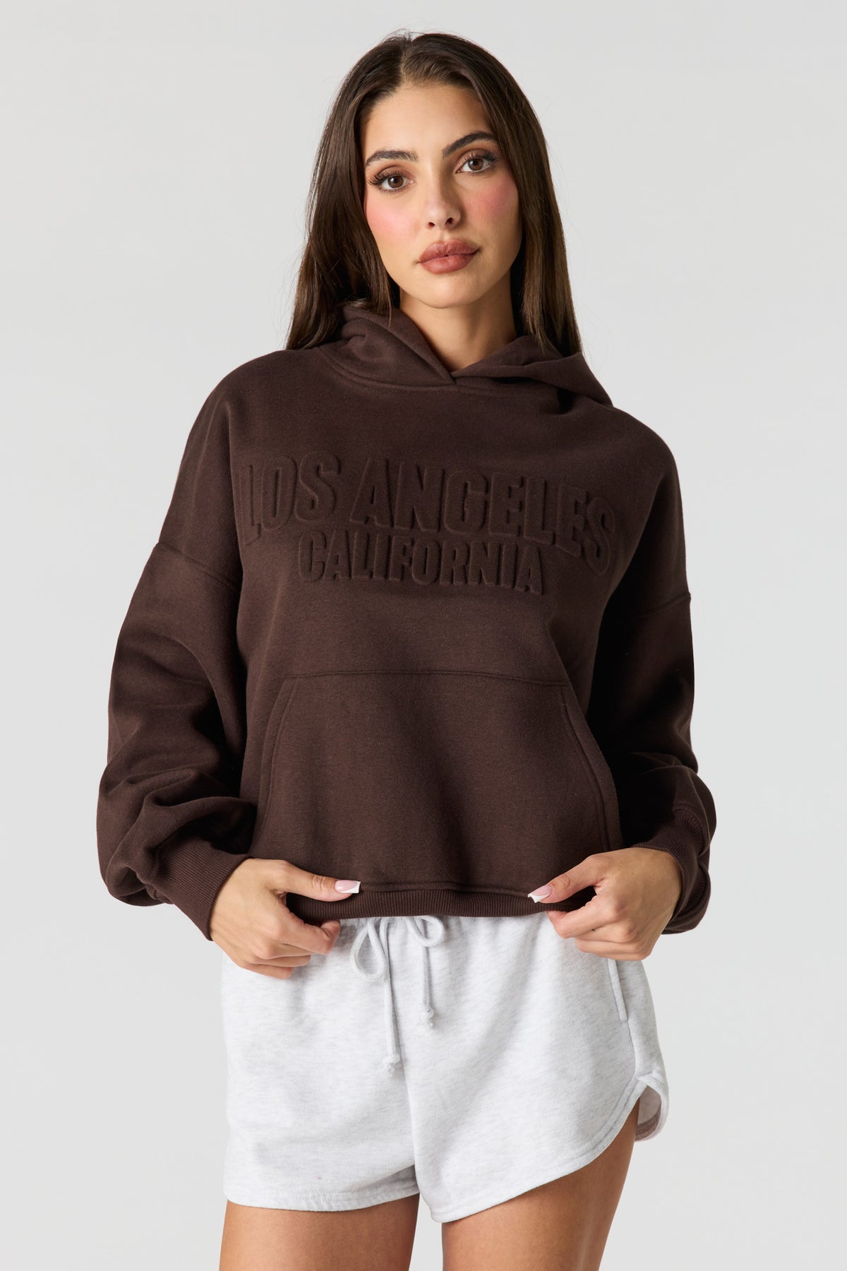 Luxe Fleece Embossed Boyfriend Hoodie - Brown