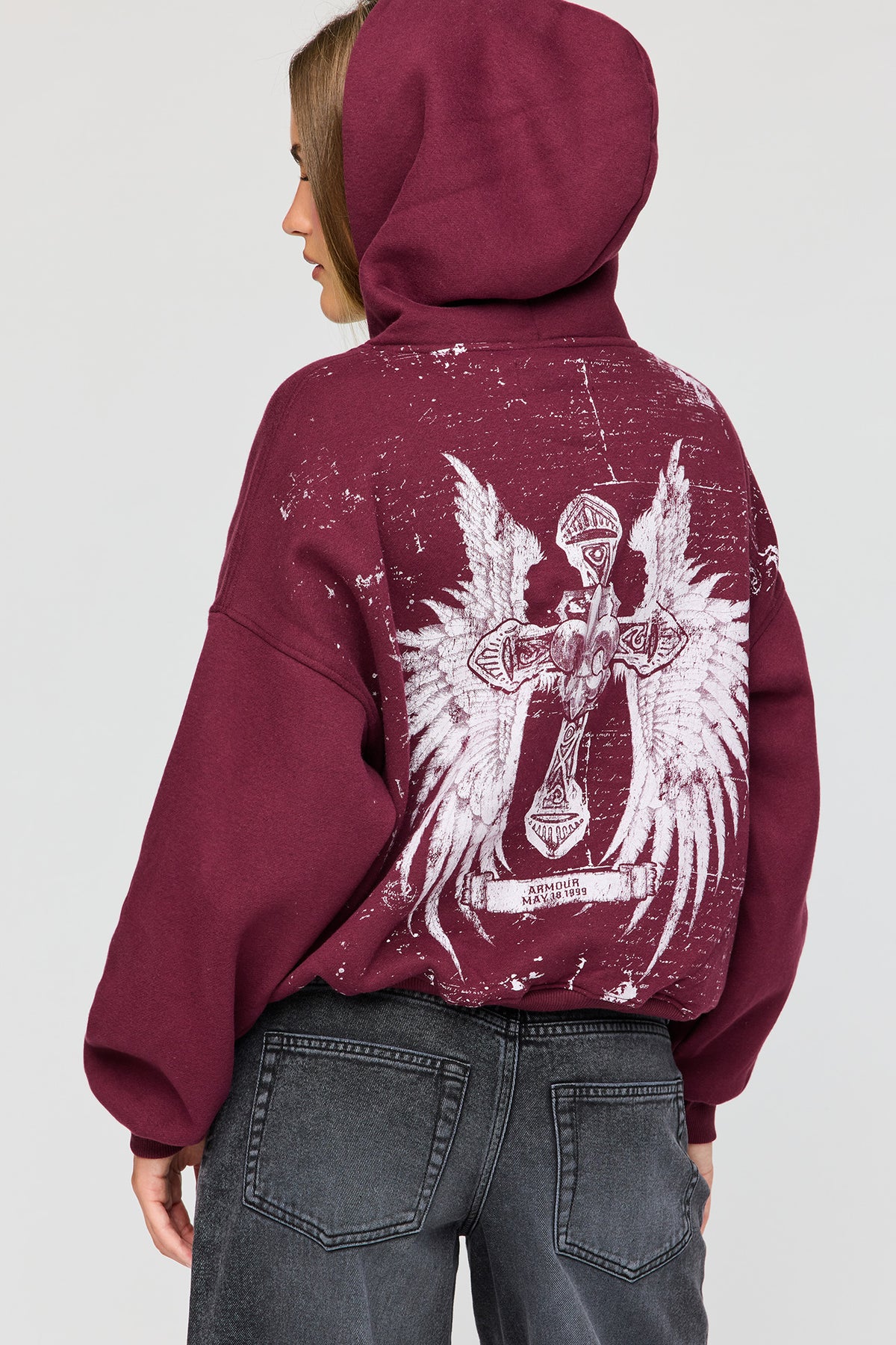 Alt View 2. Luxe Fleece Graphic Boyfriend Hoodie - Burgundy