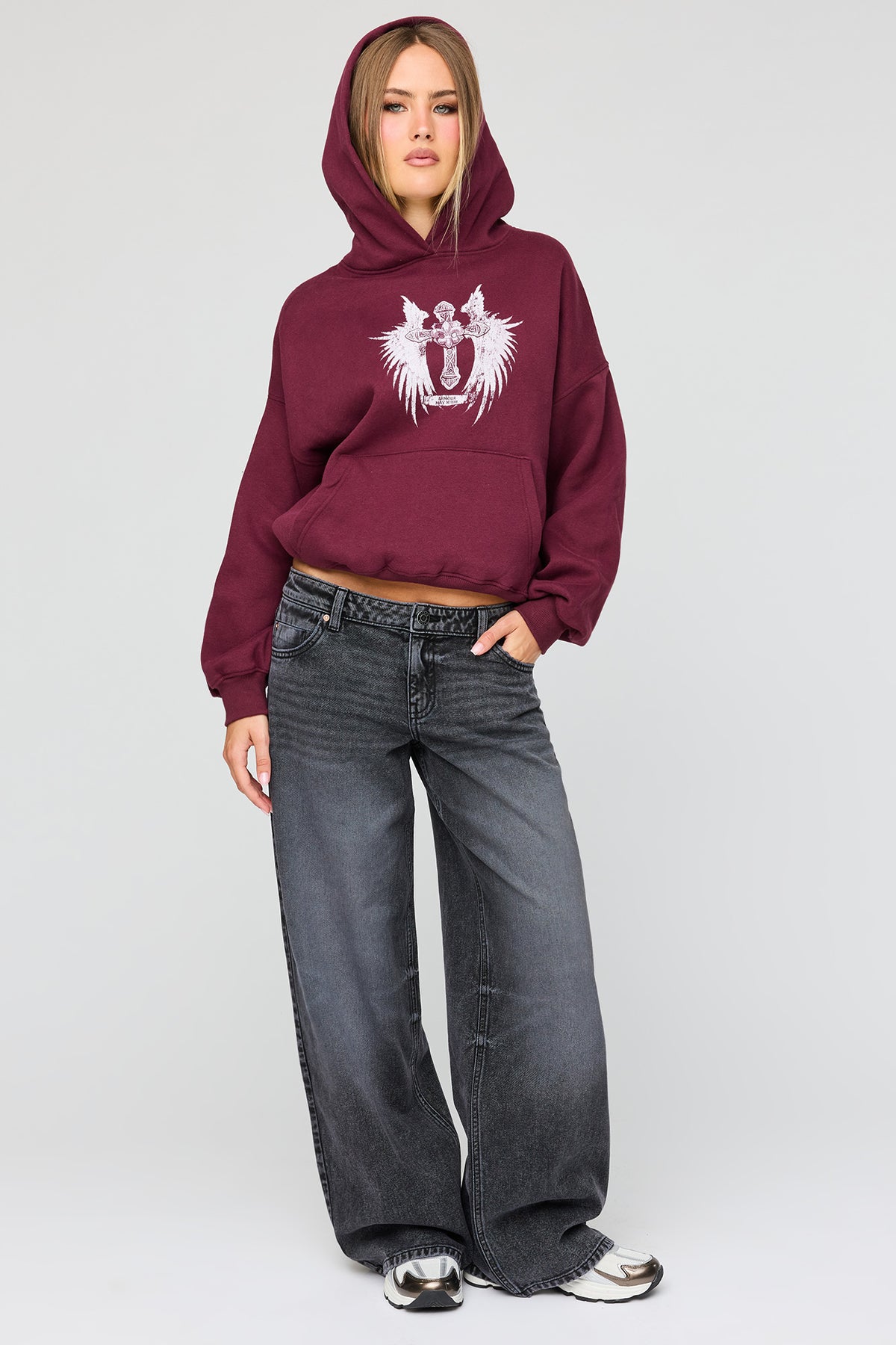 Alt View 3. Luxe Fleece Graphic Boyfriend Hoodie - Burgundy