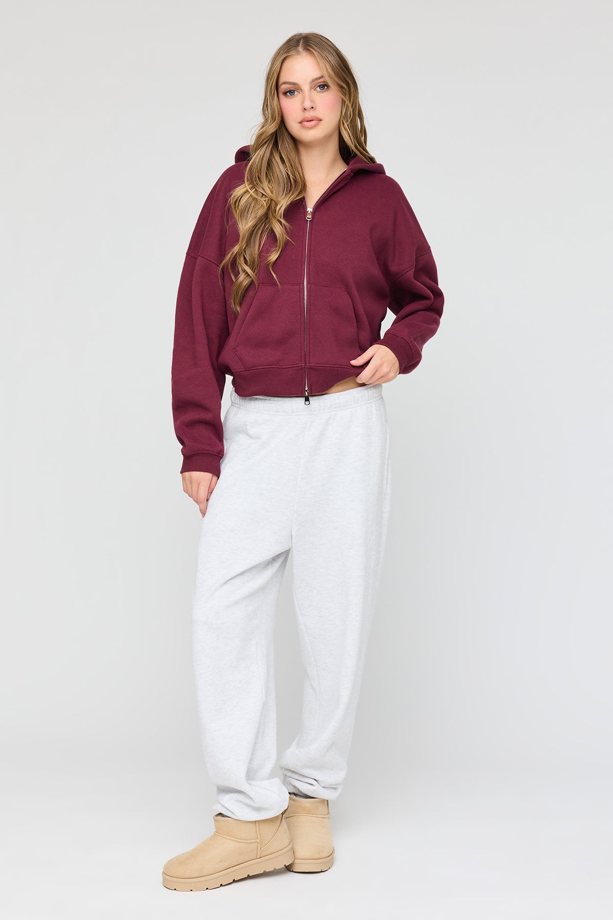 Alt View 3. Luxe Fleece Boyfriend Zip Hoodie - Burgundy
