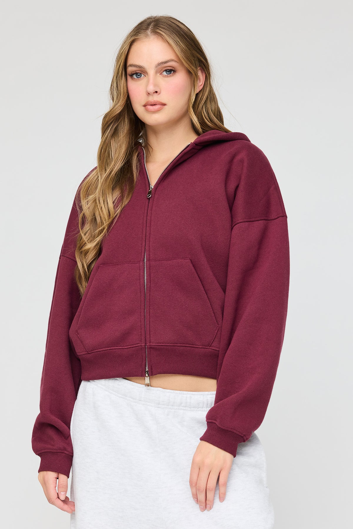 Luxe Fleece Boyfriend Zip Hoodie - Burgundy