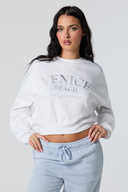 Venice Beach Embroidered Cropped Fleece Sweatshirt