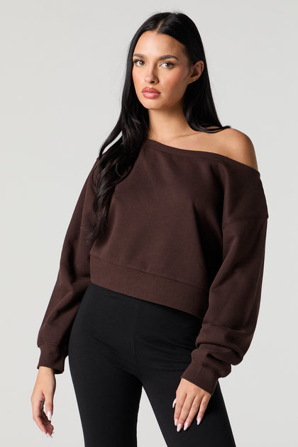 Soft Fleece Off Shoulder Cropped Sweatshirt