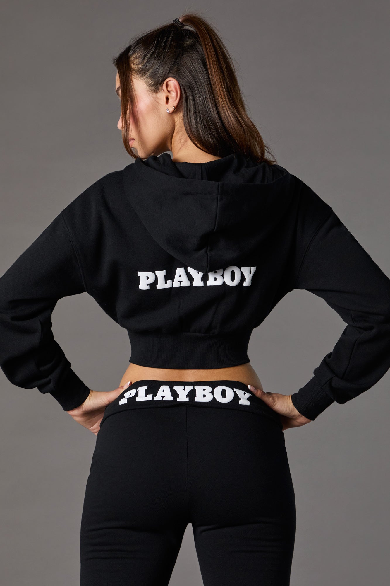 Playboy Graphic Cropped Zip-Up Fleece Hoodie