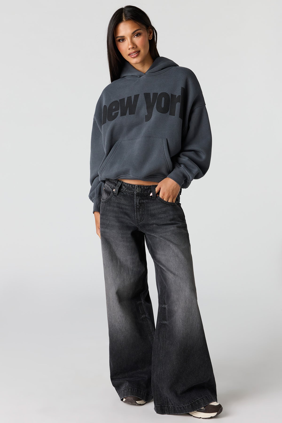 Alt View 3. Luxe Fleece Graphic Boyfriend Hoodie - Dark Grey