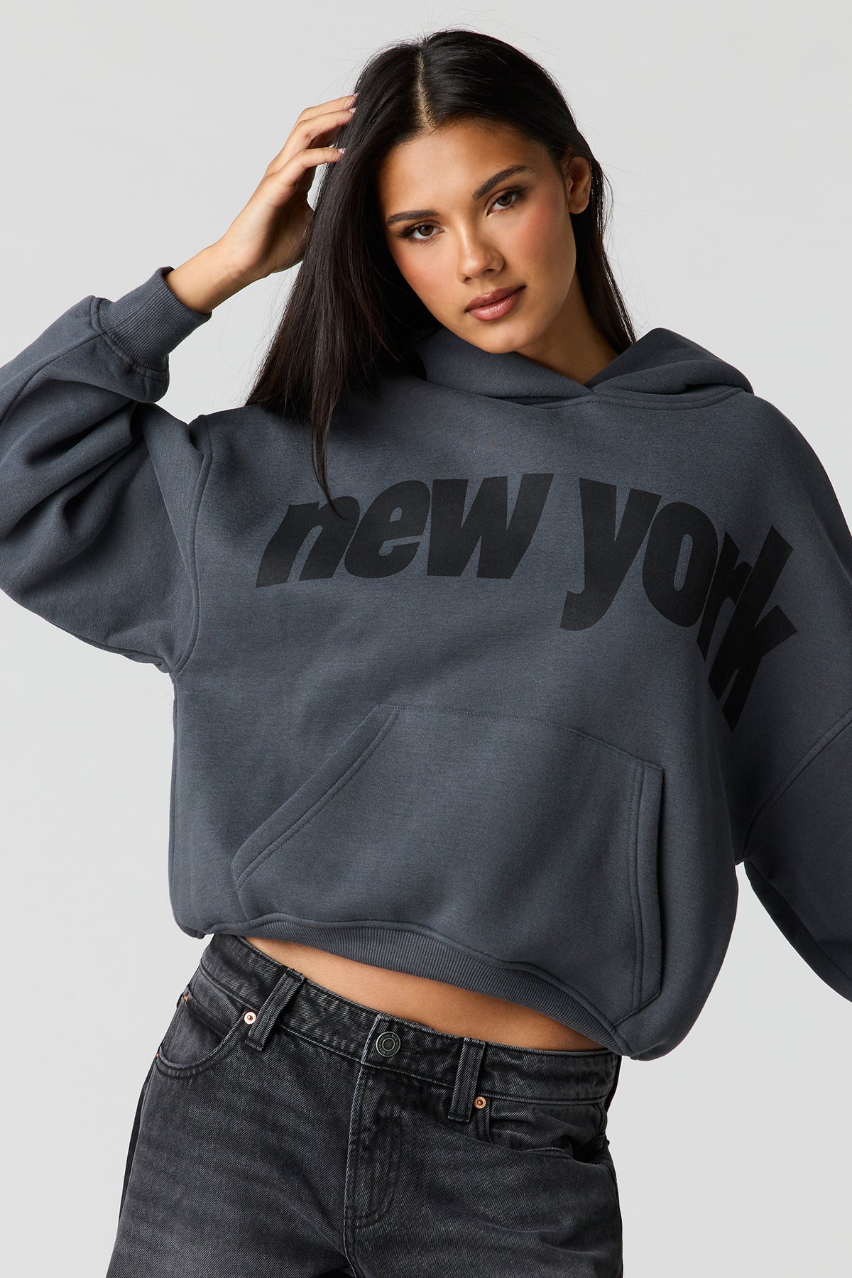 Luxe Fleece Graphic Boyfriend Hoodie - Dark Grey