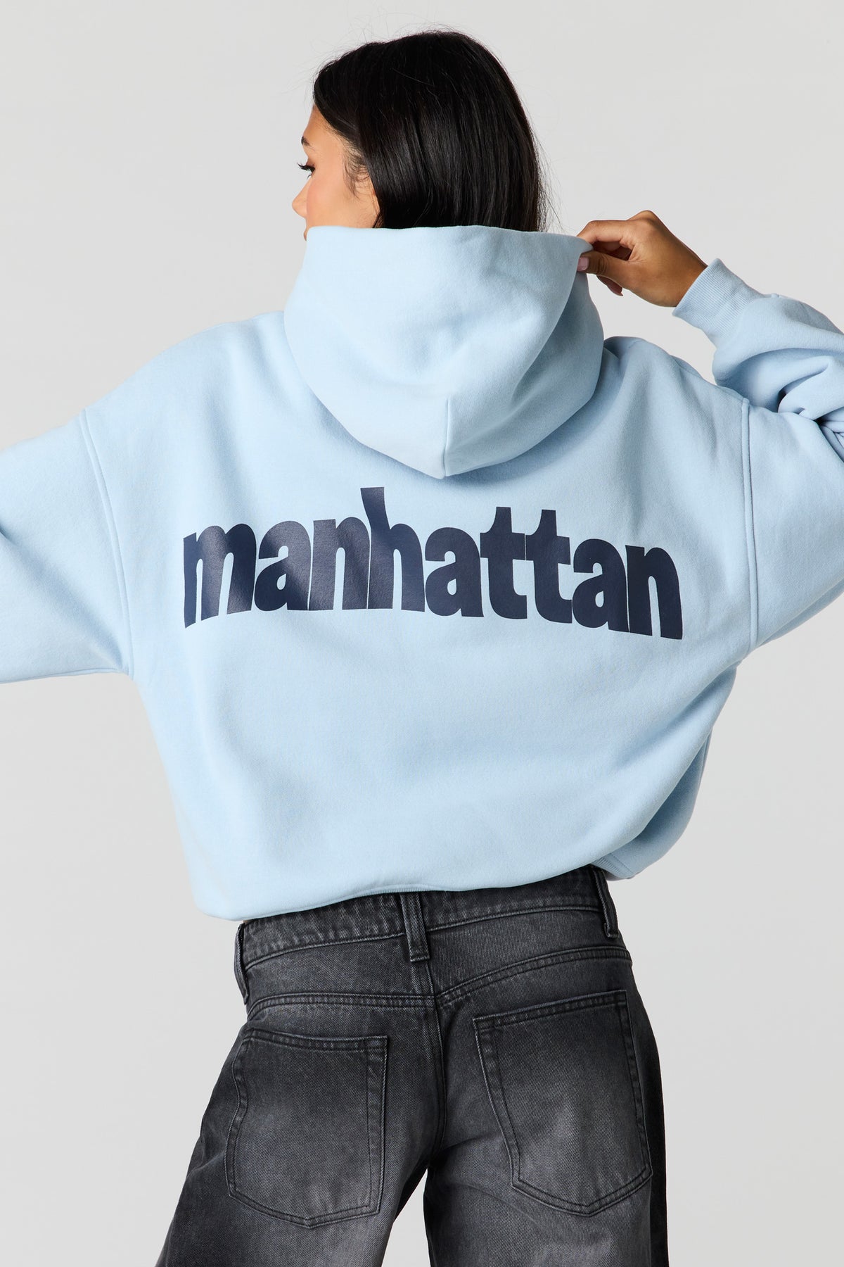 Luxe Fleece Graphic Boyfriend Hoodie - Light Blue