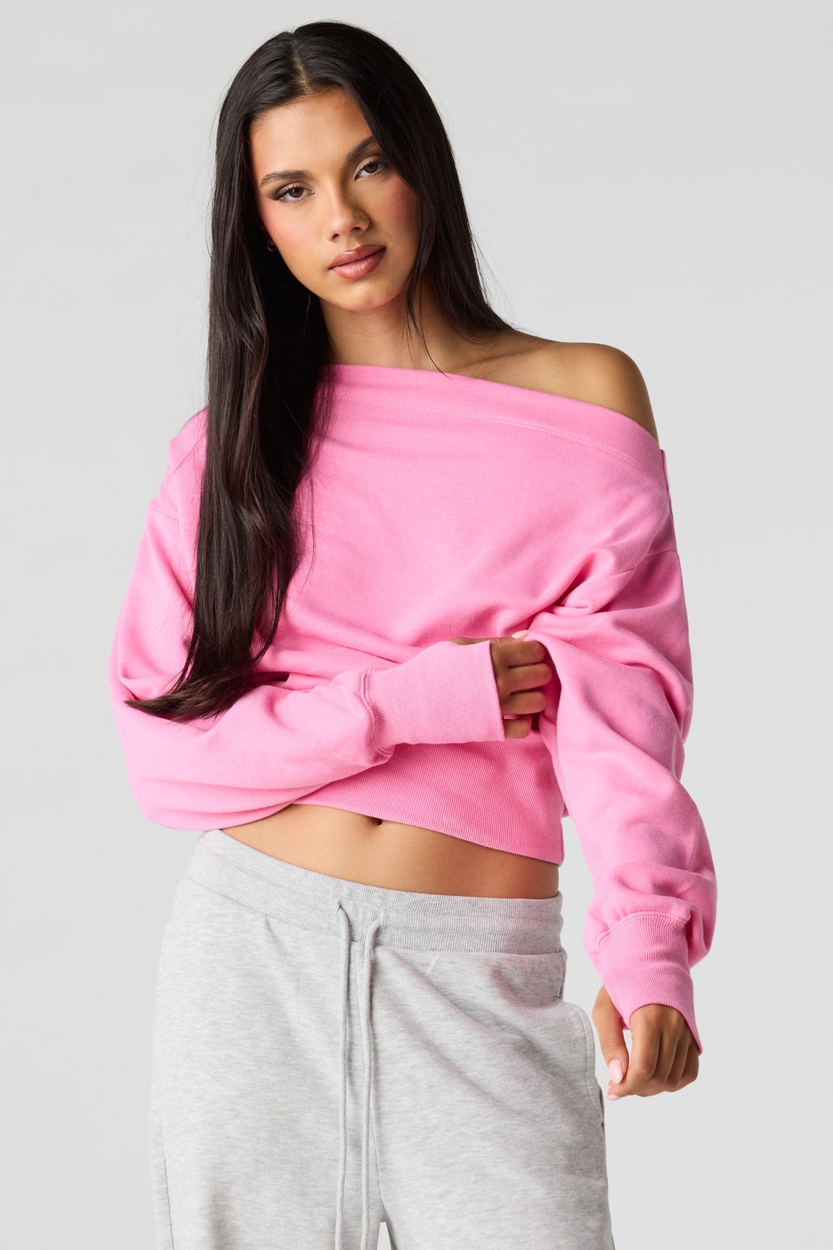 Luxe French Terry Off Shoulder Sweatshirt - Pink