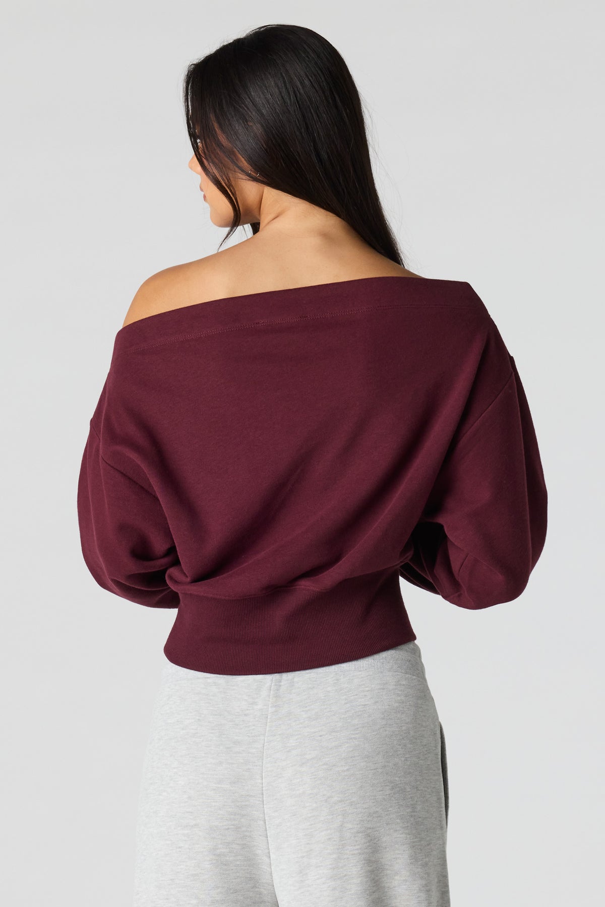 Alt View 2. Luxe French Terry Off Shoulder Sweatshirt - Burgundy
