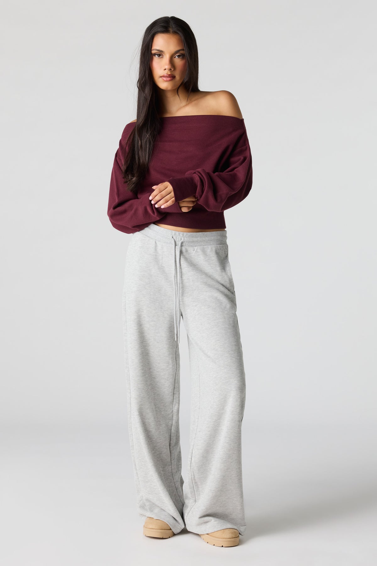 Alt View 3. Luxe French Terry Off Shoulder Sweatshirt - Burgundy