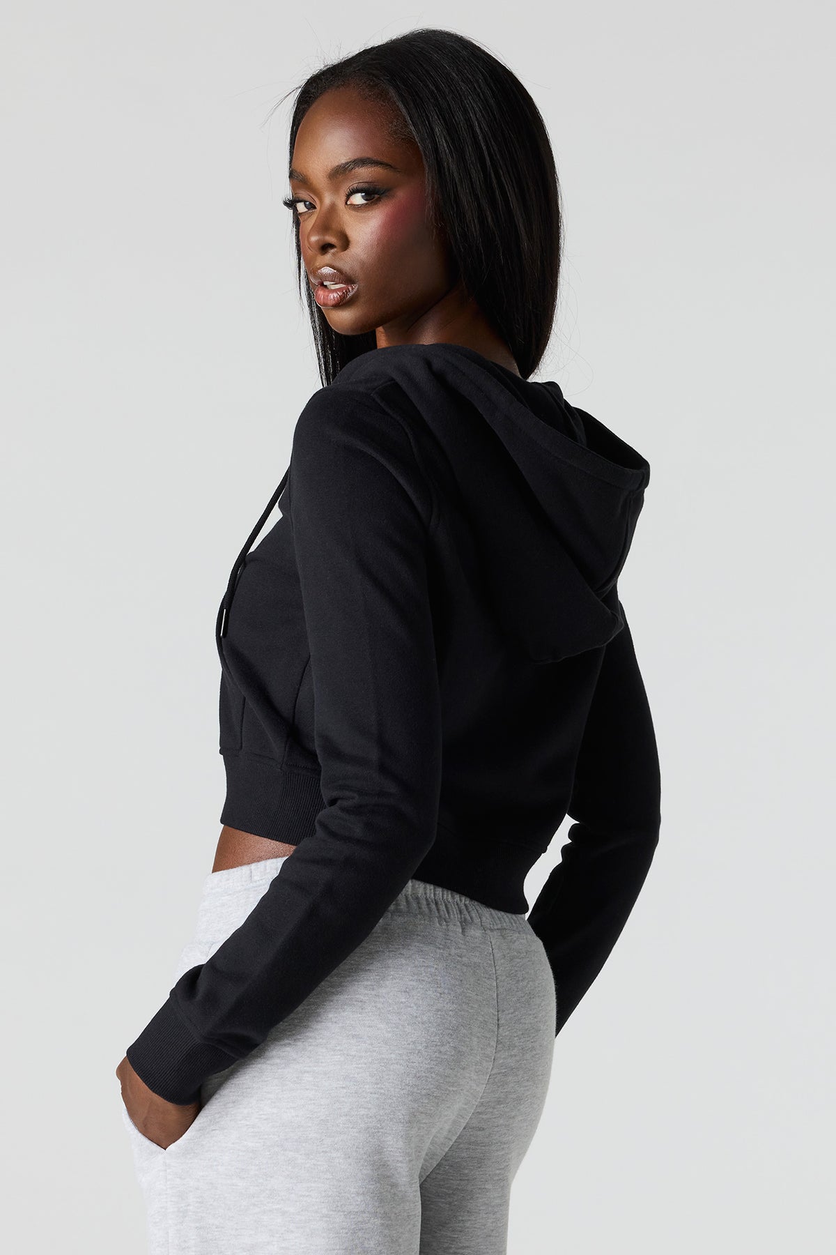 Alt View 2. Luxe French Terry Zip Cropped Hoodie - Black