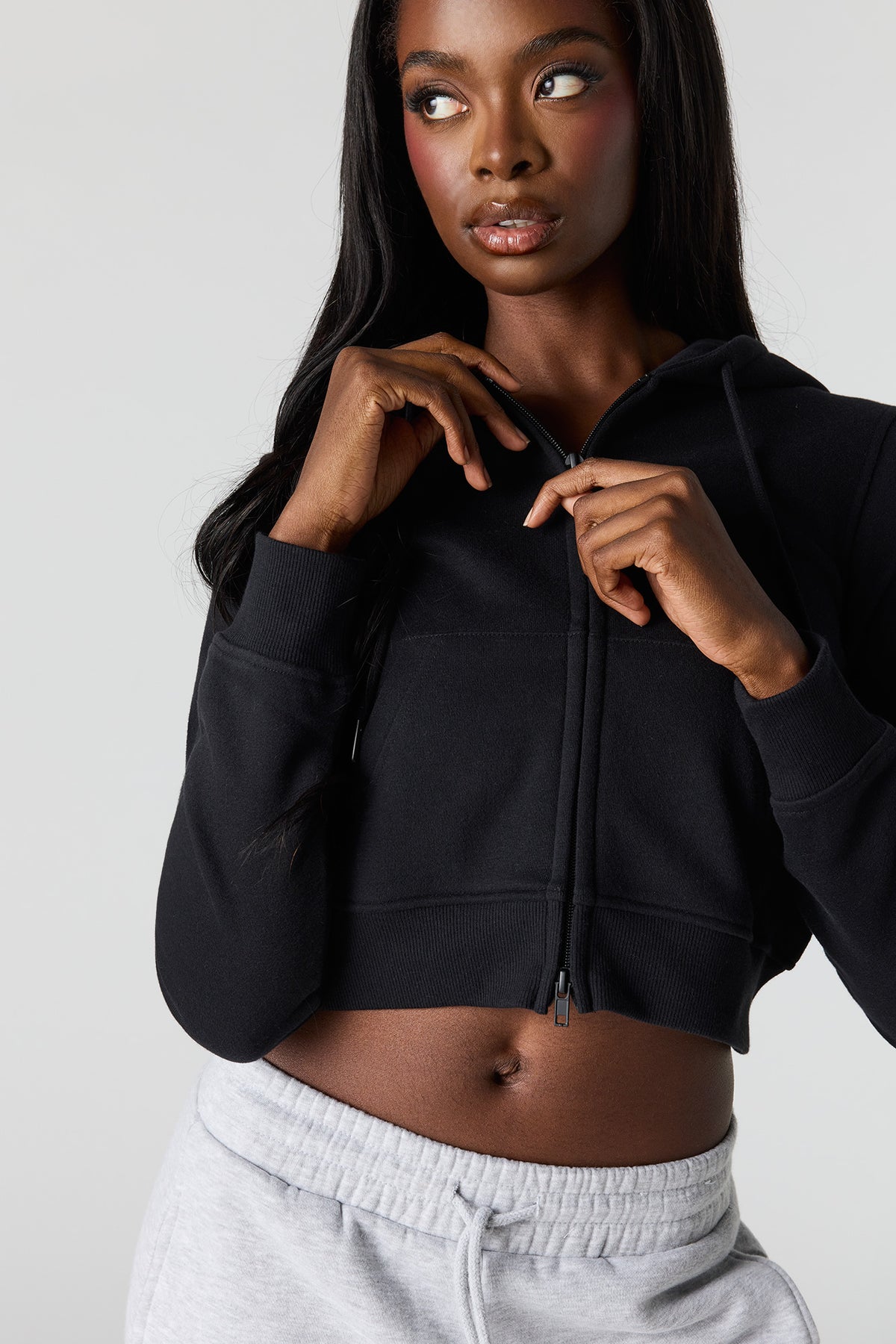 Alt View 4. Luxe French Terry Zip Cropped Hoodie - Black