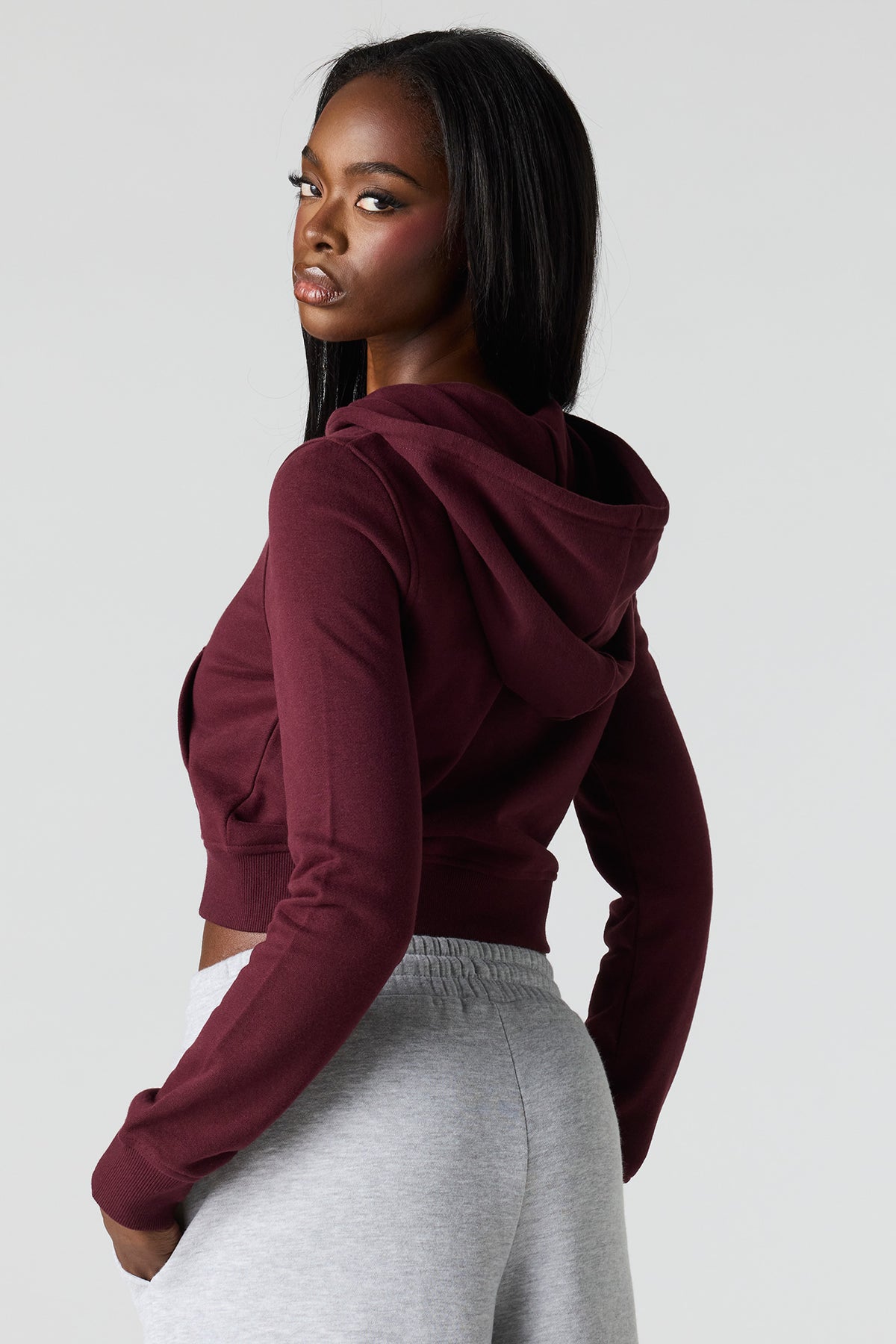 Alt View 2. Luxe French Terry Zip Cropped Hoodie - Burgundy
