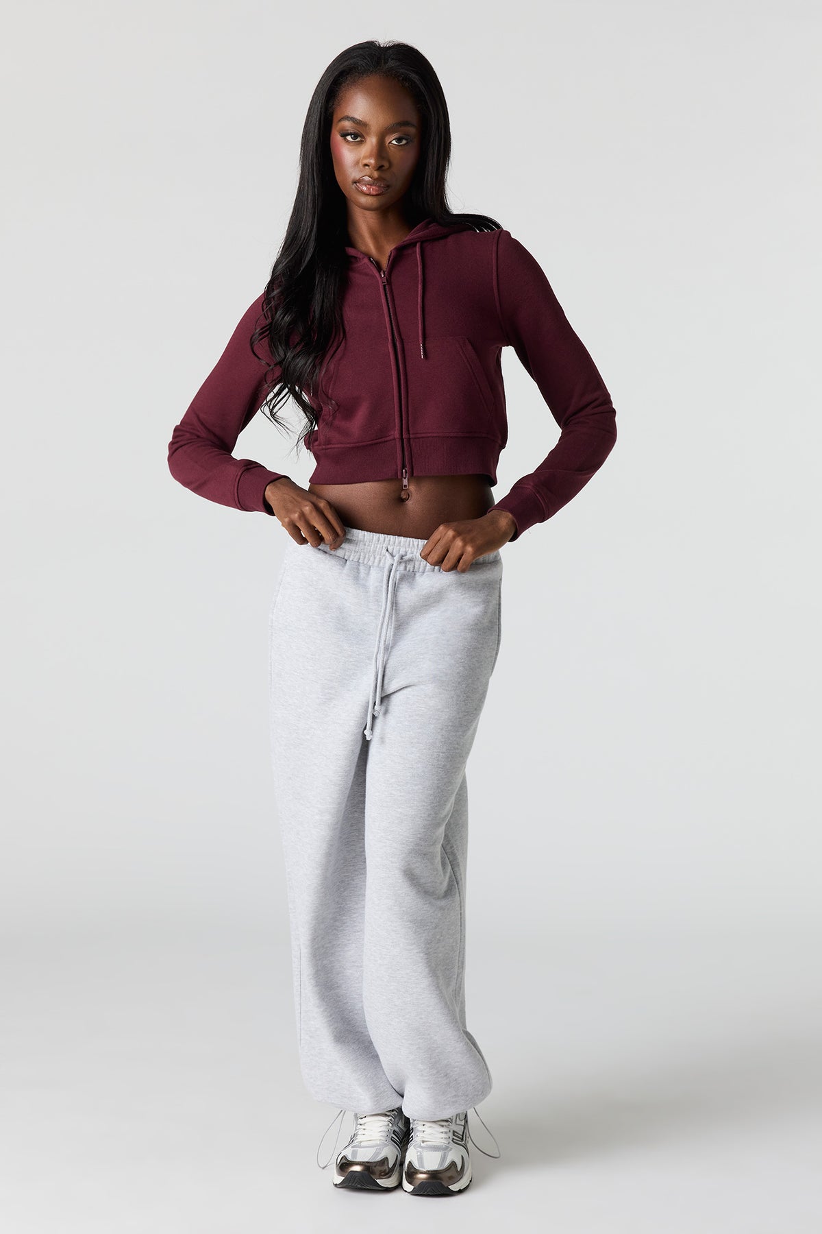 Alt View 3. Luxe French Terry Zip Cropped Hoodie - Burgundy