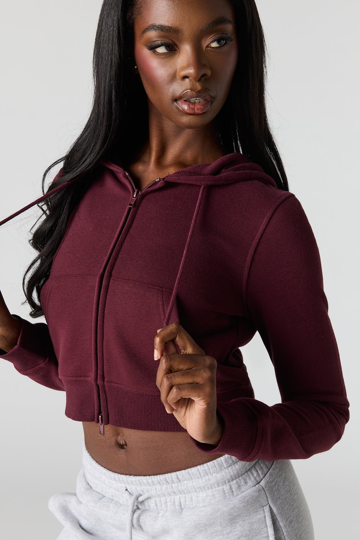 Alt View 4. Luxe French Terry Zip Cropped Hoodie - Burgundy