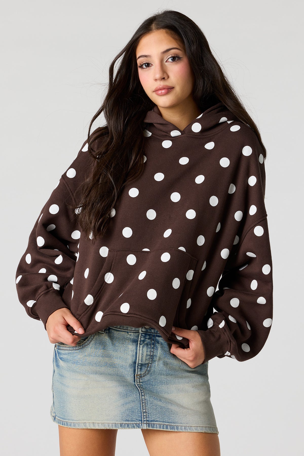 Luxe Fleece Polka Dot Boyfriend Hoodie - Brown
