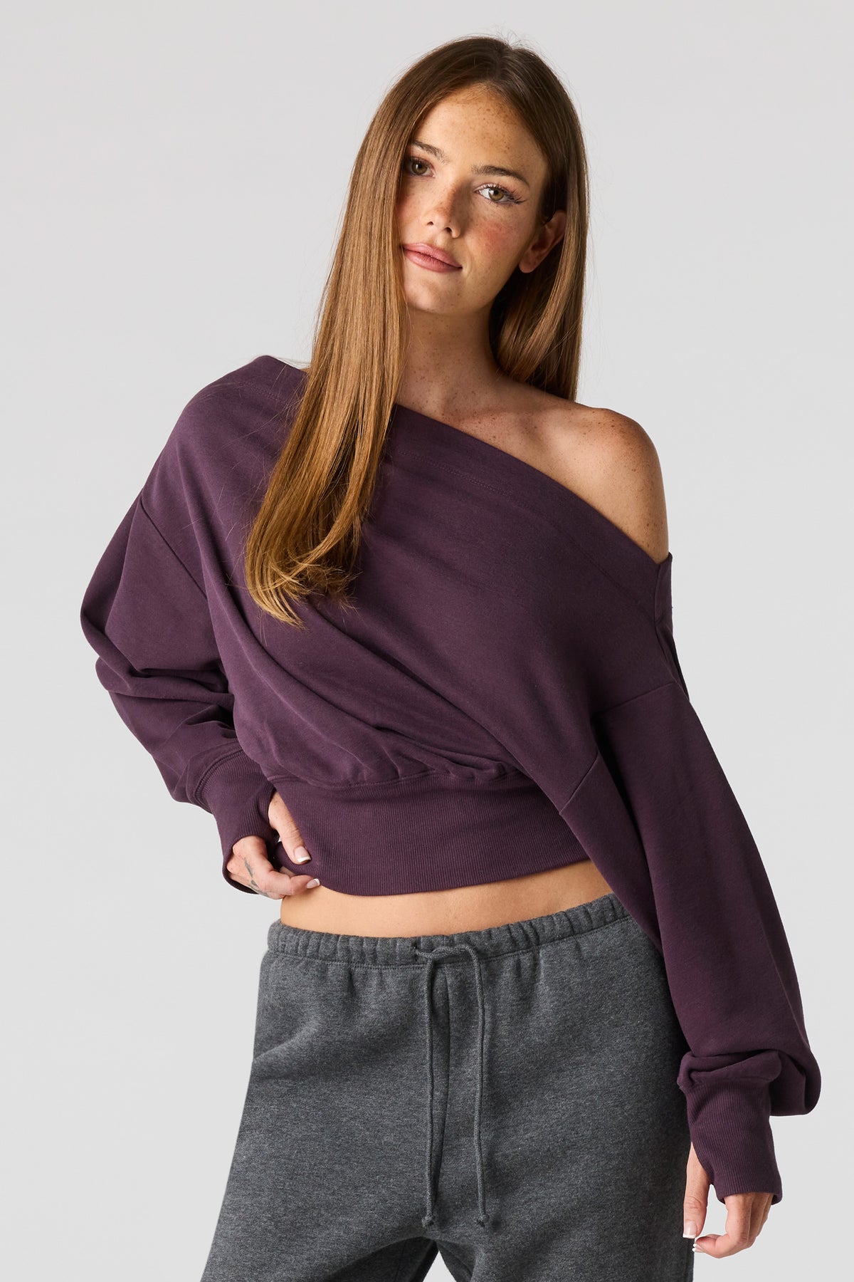 Luxe French Terry Off Shoulder Sweatshirt - Purple