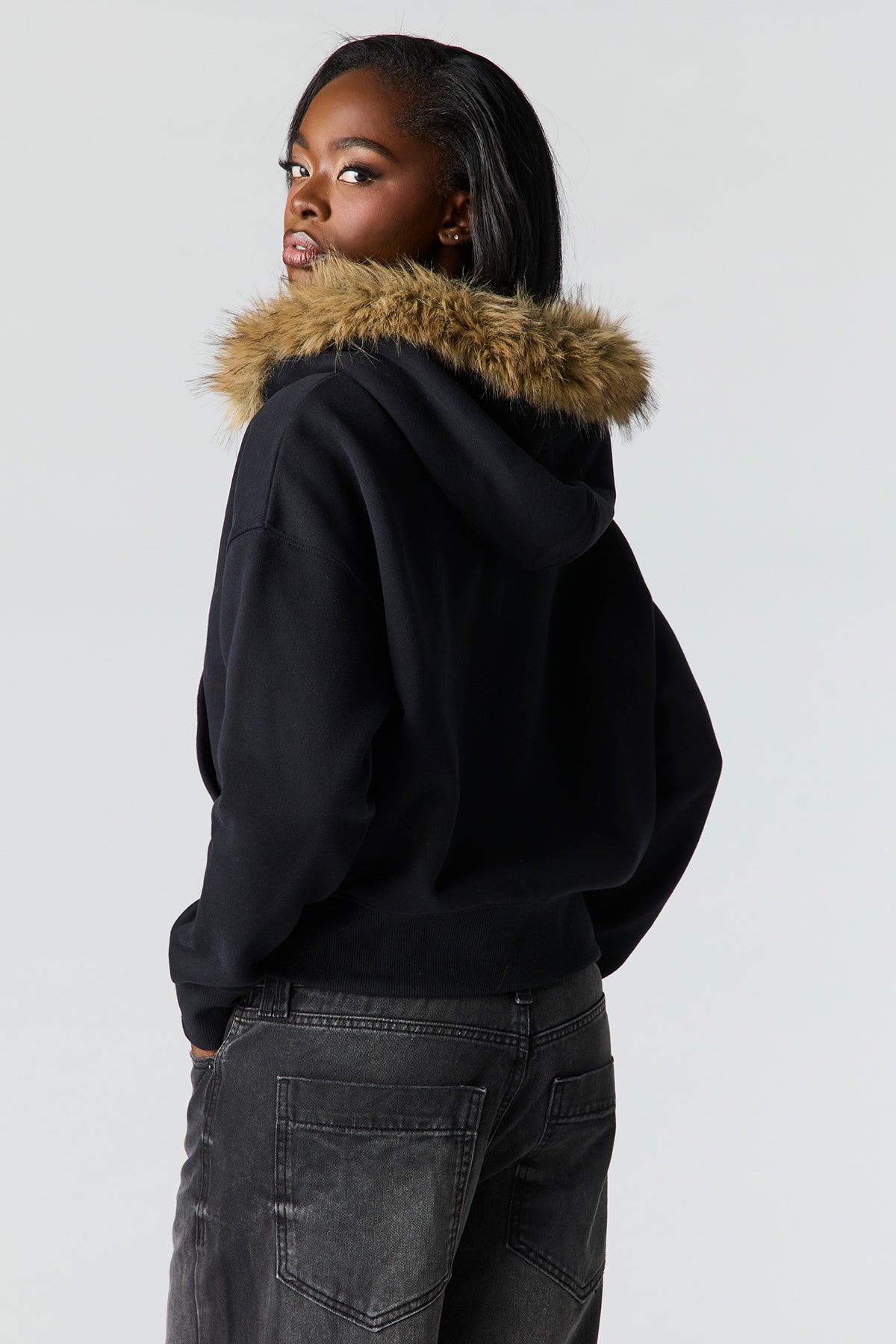 Alt View 2. Luxe Fleece Fur Trim Boyfriend Zip Hoodie - Black