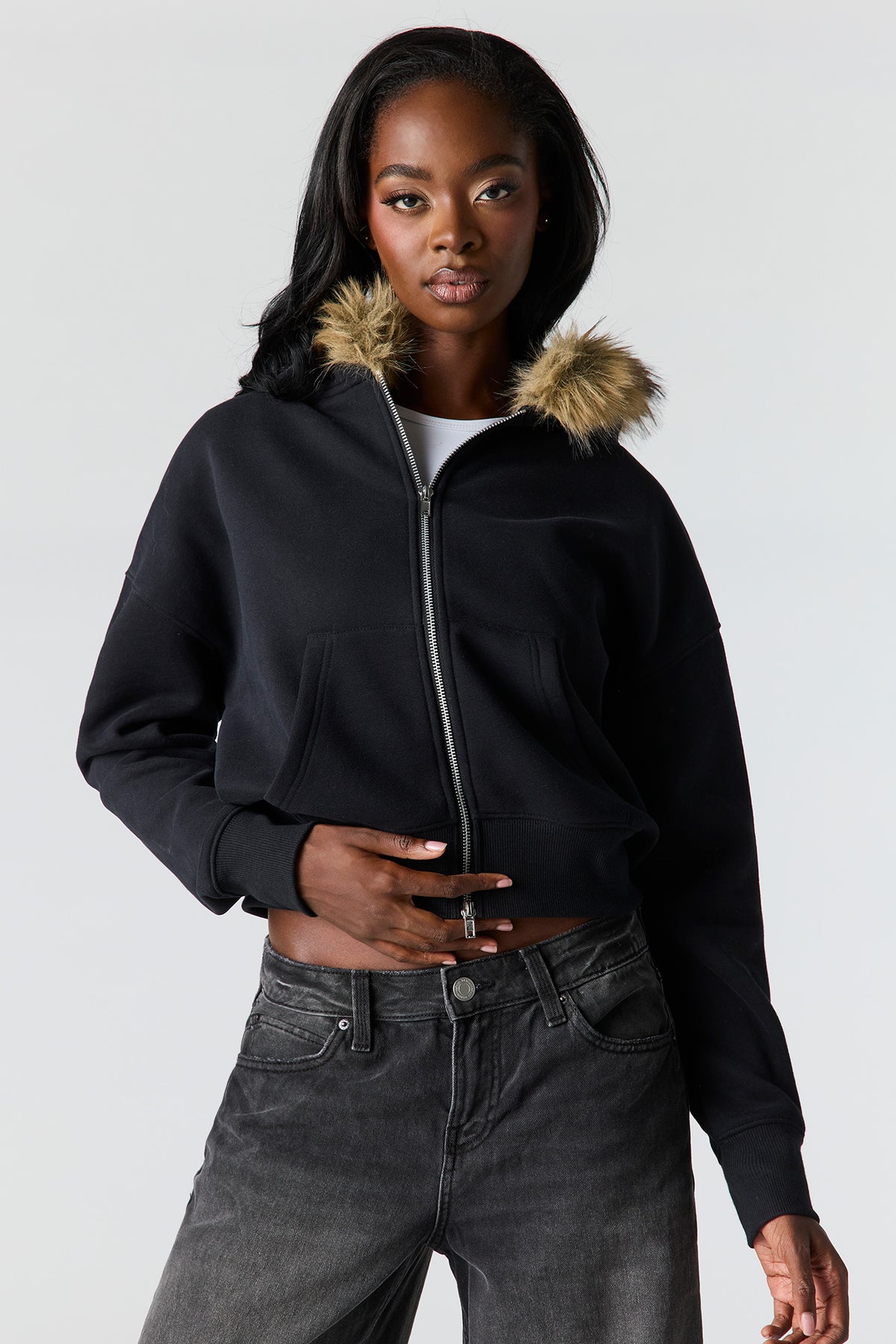 Luxe Fleece Fur Trim Boyfriend Zip Hoodie - Black