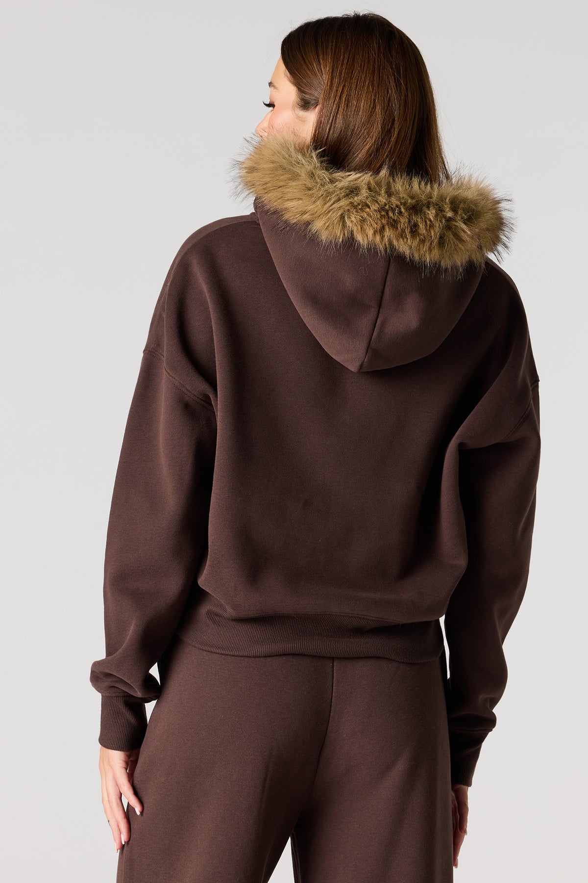 Alt View 2. Luxe Fleece Fur Trim Boyfriend Zip Hoodie - Brown