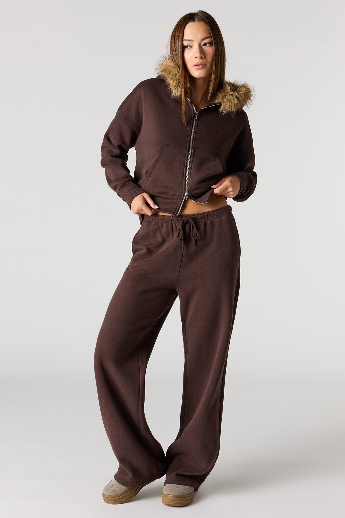 Alt View 3. Luxe Fleece Fur Trim Boyfriend Zip Hoodie - Brown
