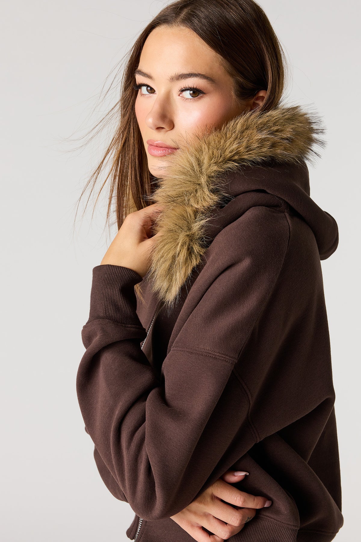 Alt View 4. Luxe Fleece Fur Trim Boyfriend Zip Hoodie - Brown
