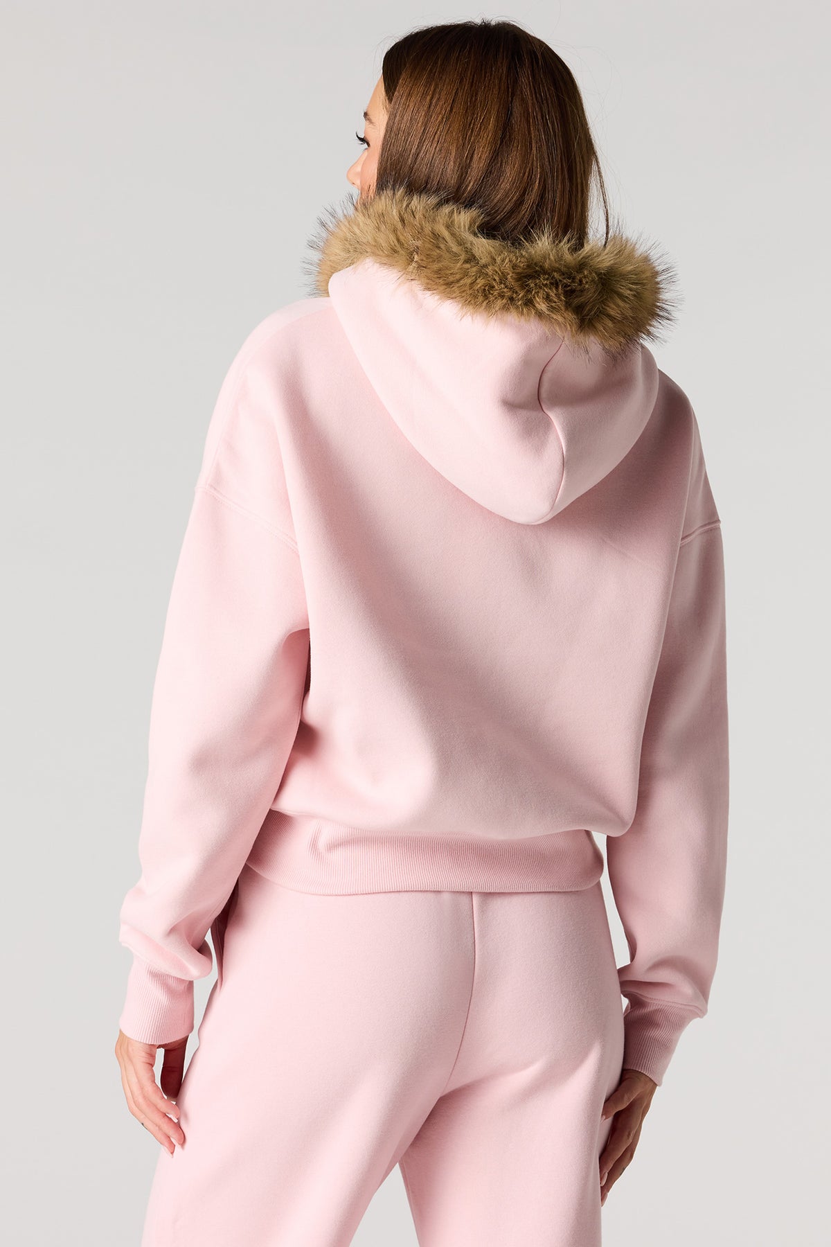 Alt View 2. Luxe Fleece Fur Trim Boyfriend Zip Hoodie - Light Pink