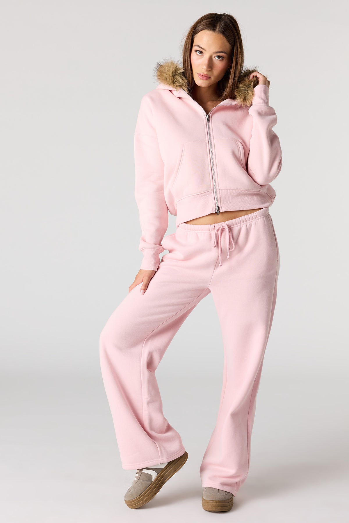 Alt View 3. Luxe Fleece Fur Trim Boyfriend Zip Hoodie - Light Pink