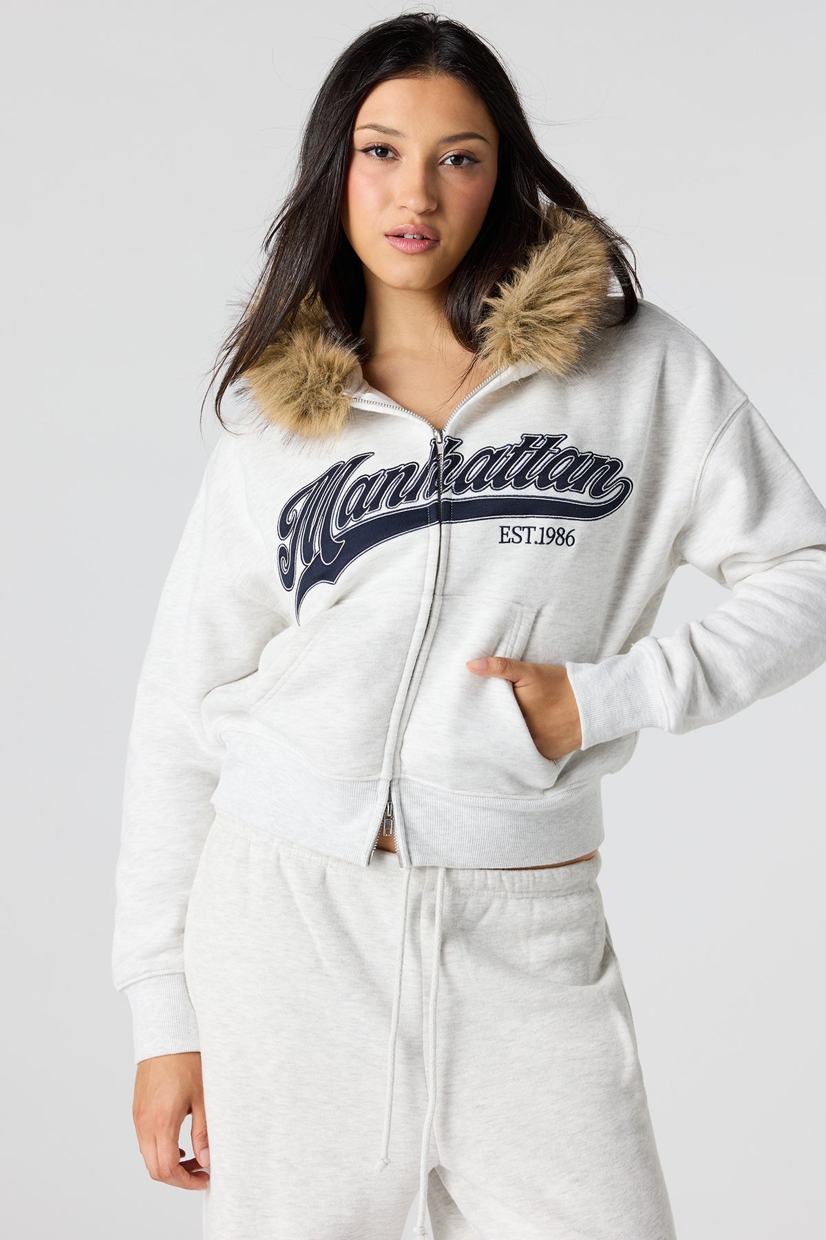Luxe Fleece Boyfriend Zip Faux Fur Hoodie - Light Grey