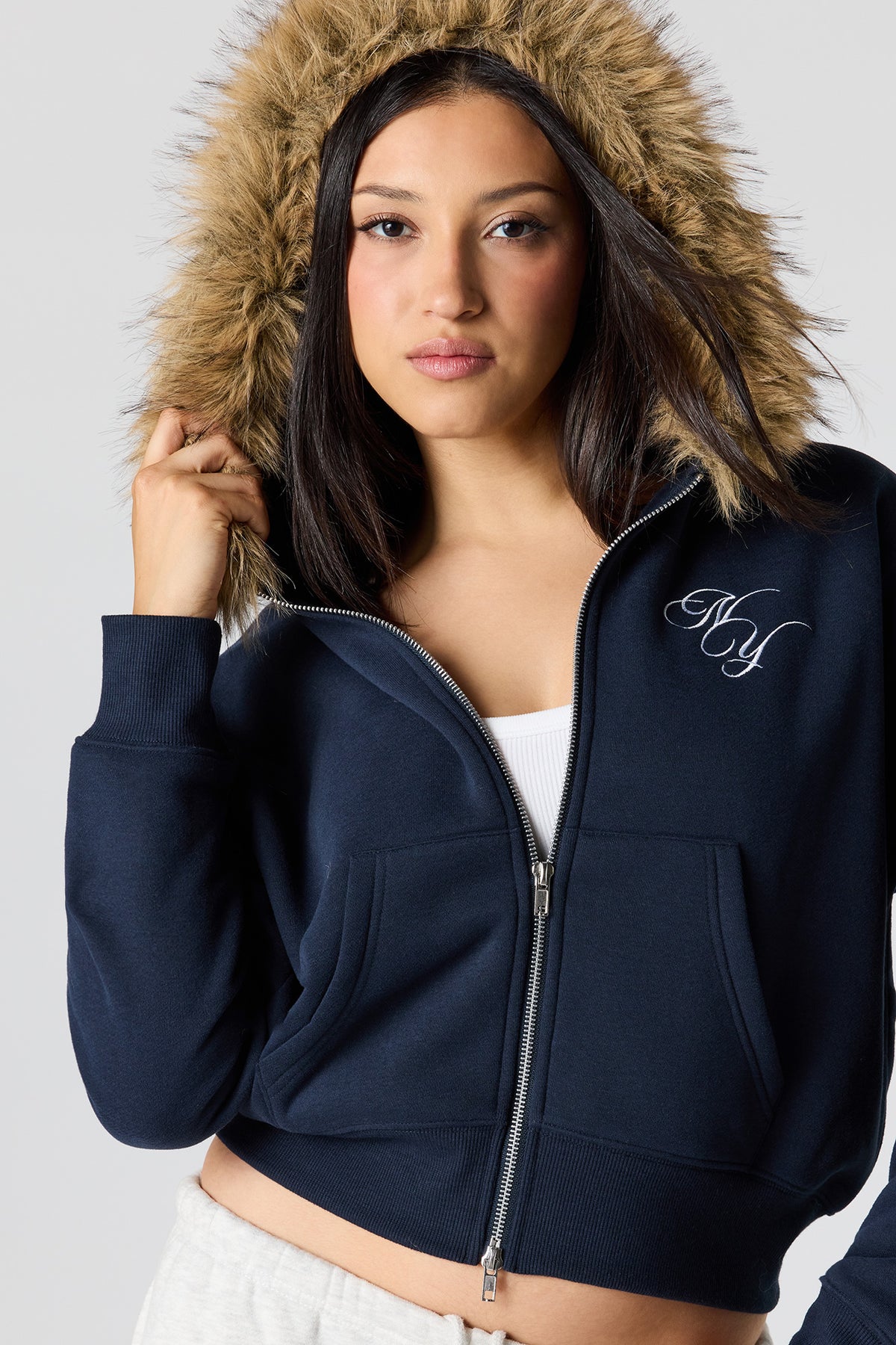 Alt View 4. Luxe Fleece Boyfriend Zip Faux Fur Hoodie - Dark Blue