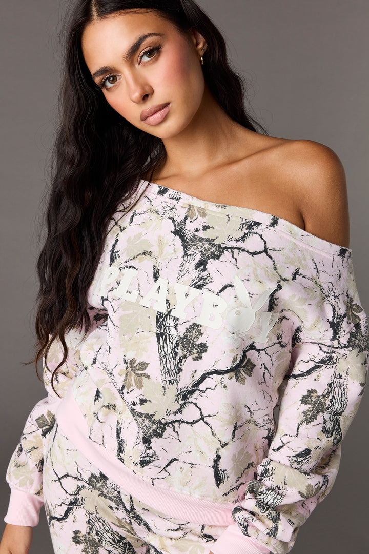 Chandail en molleton avec épaules dénudées et imprimé Playboy