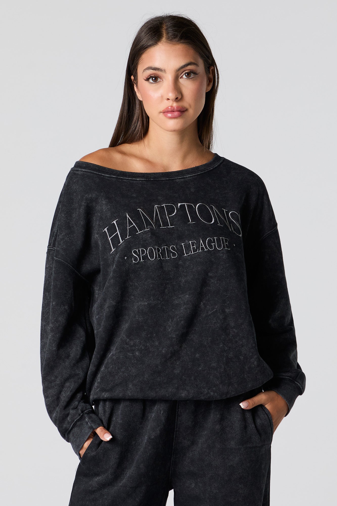 Embroidered Washed Off Shoulder Fleece Sweatshirt