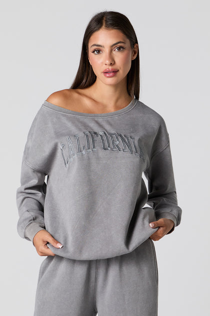 Embroidered Washed Off Shoulder Fleece Sweatshirt