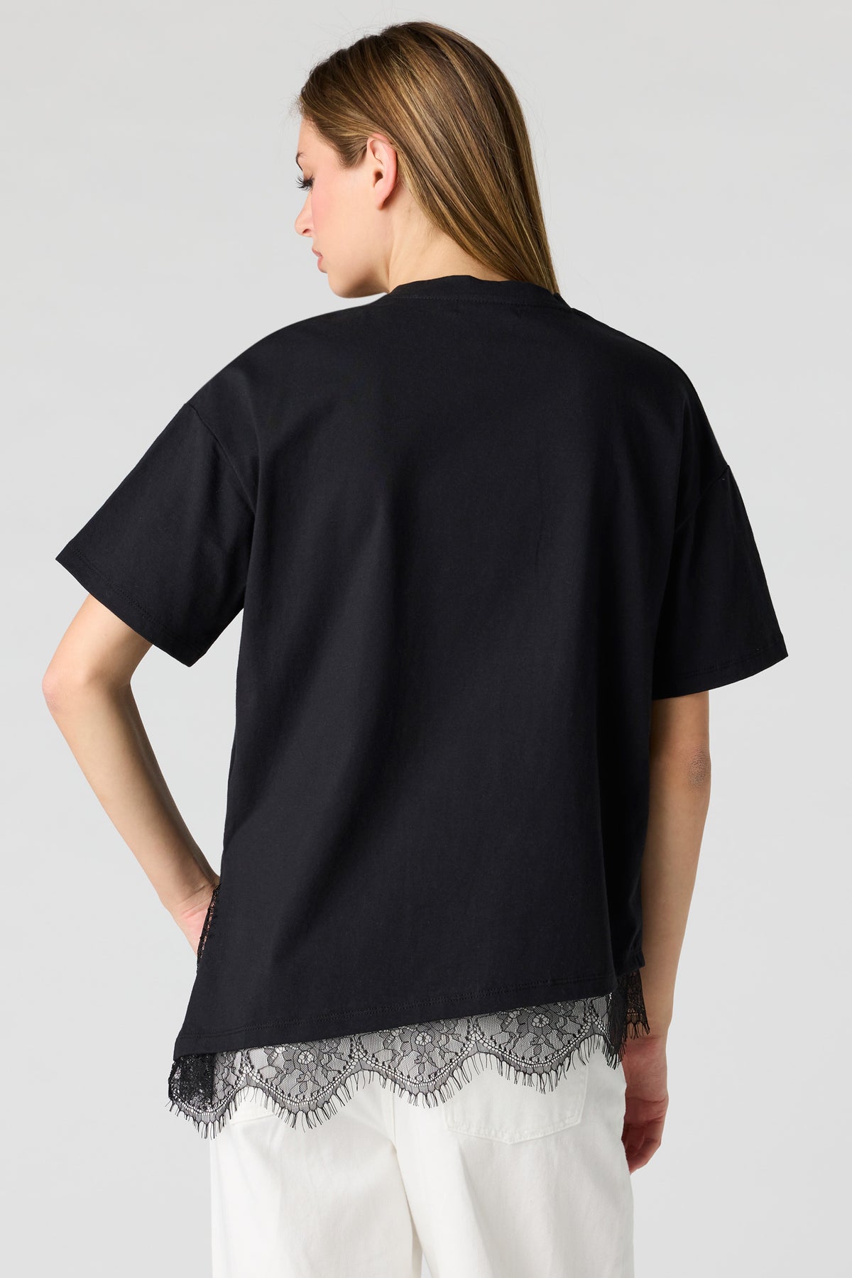 Alt View 2. Luxe Heavy Cotton Boxy Lace Hem T-Shirt - Black