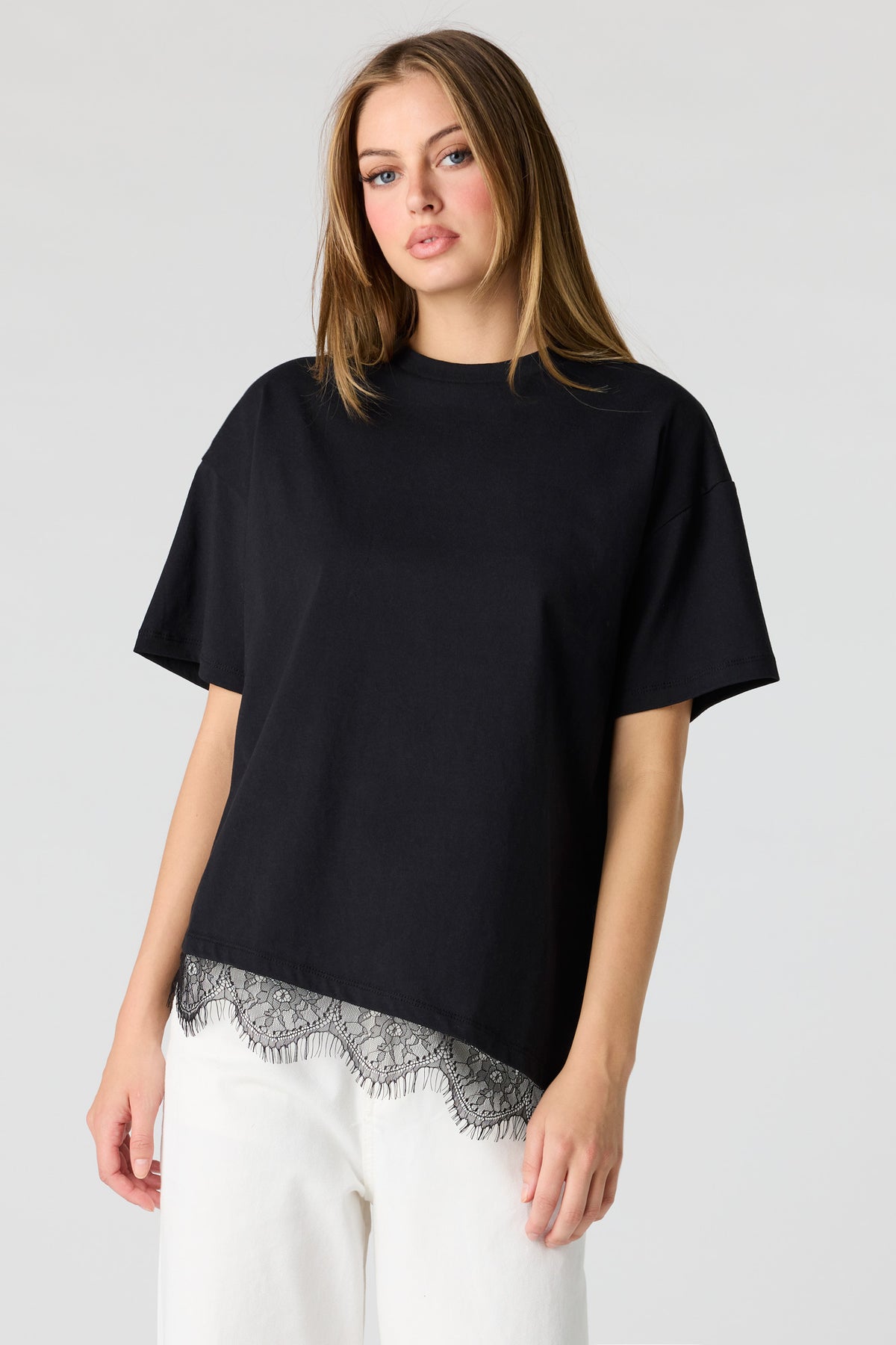 Luxe Heavy Cotton Boxy Lace Hem T-Shirt - Black