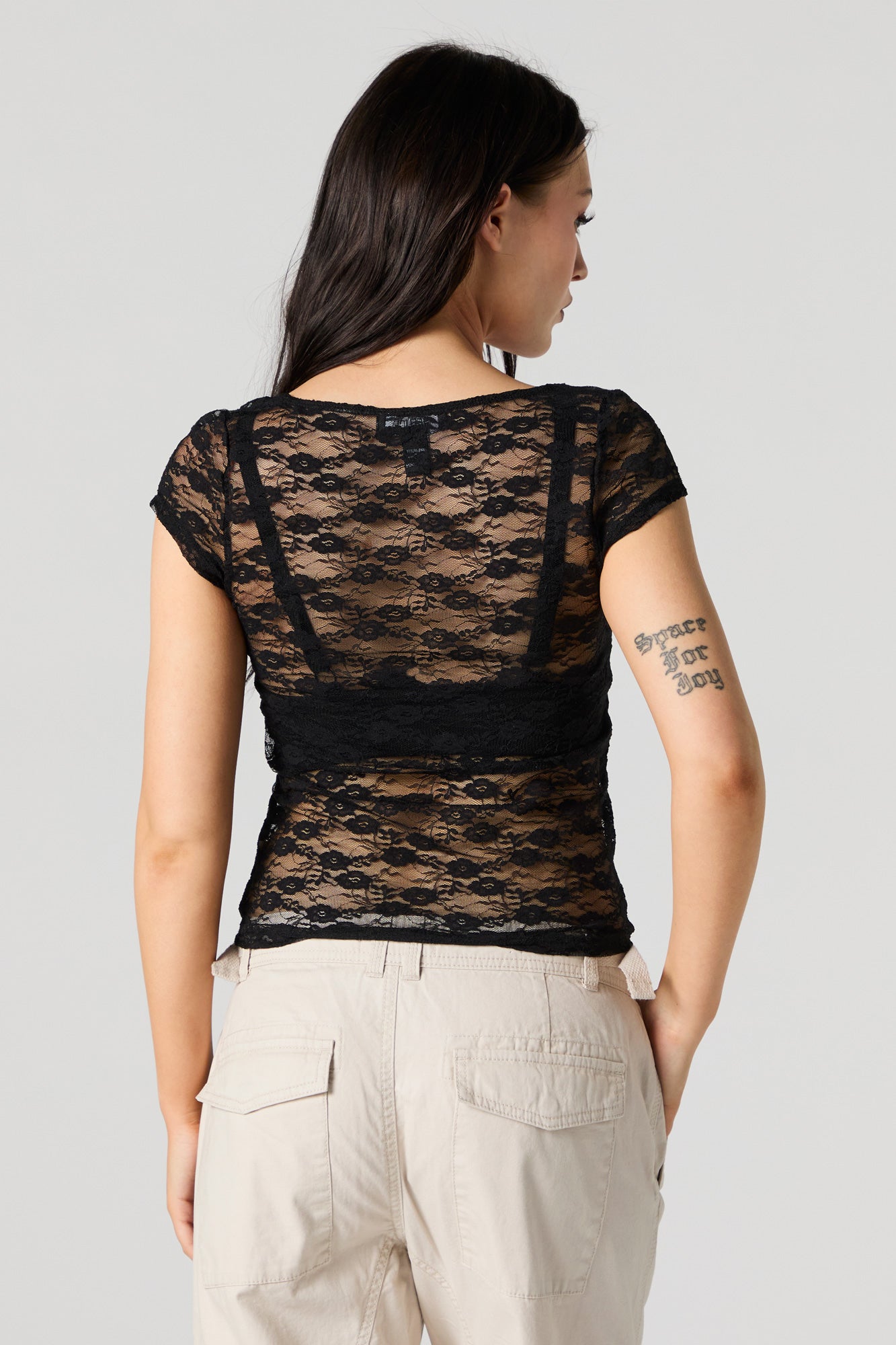 Sheer Floral Lace Scoop Neck Top