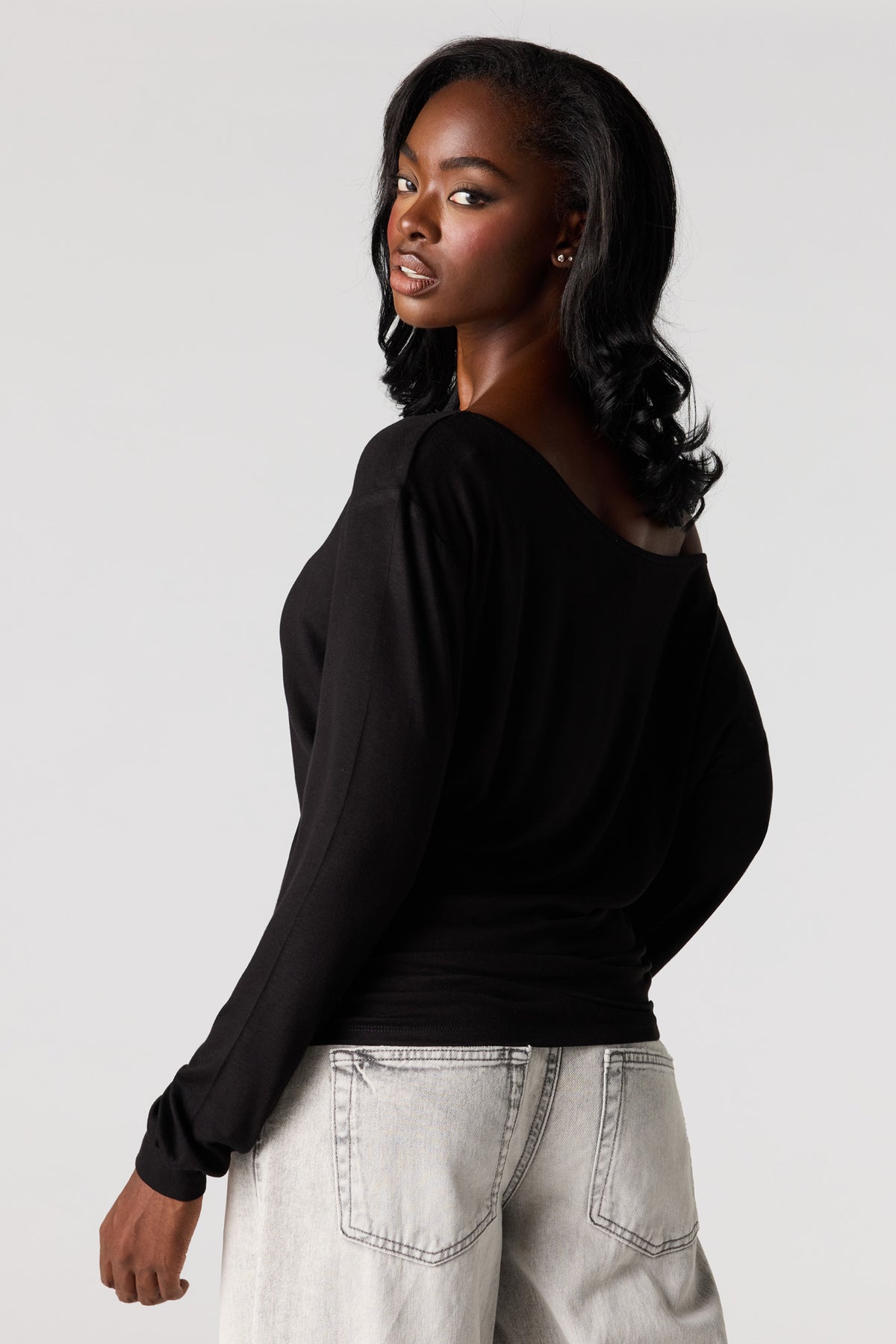 Alt View 2. Ribbed Long Sleeve Dolman Top - Black