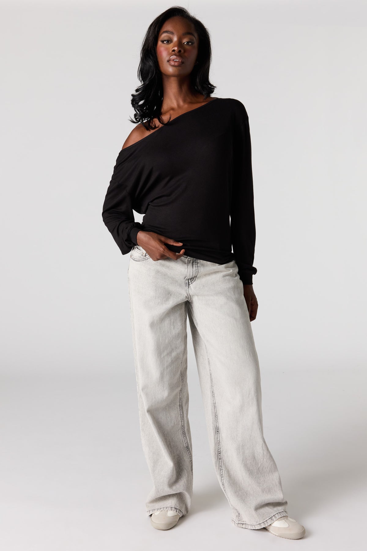 Alt View 3. Ribbed Long Sleeve Dolman Top - Black