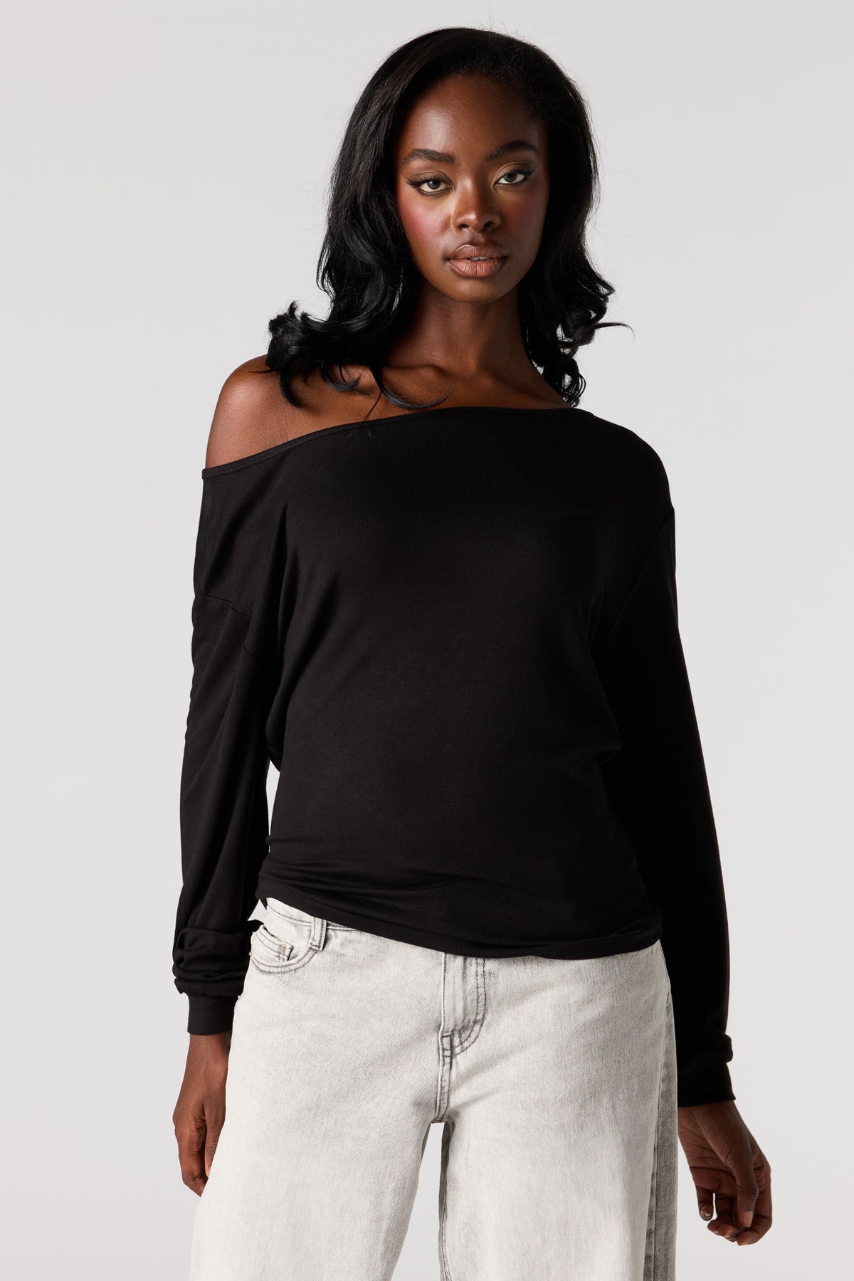 Ribbed Long Sleeve Dolman Top - Black