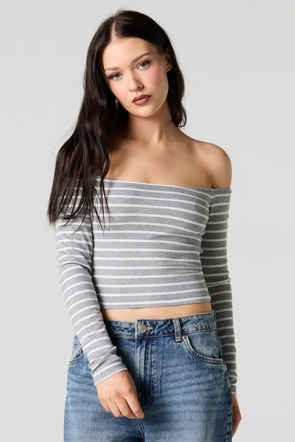 Striped Ribbed Off Shoulder Long Sleeve Top