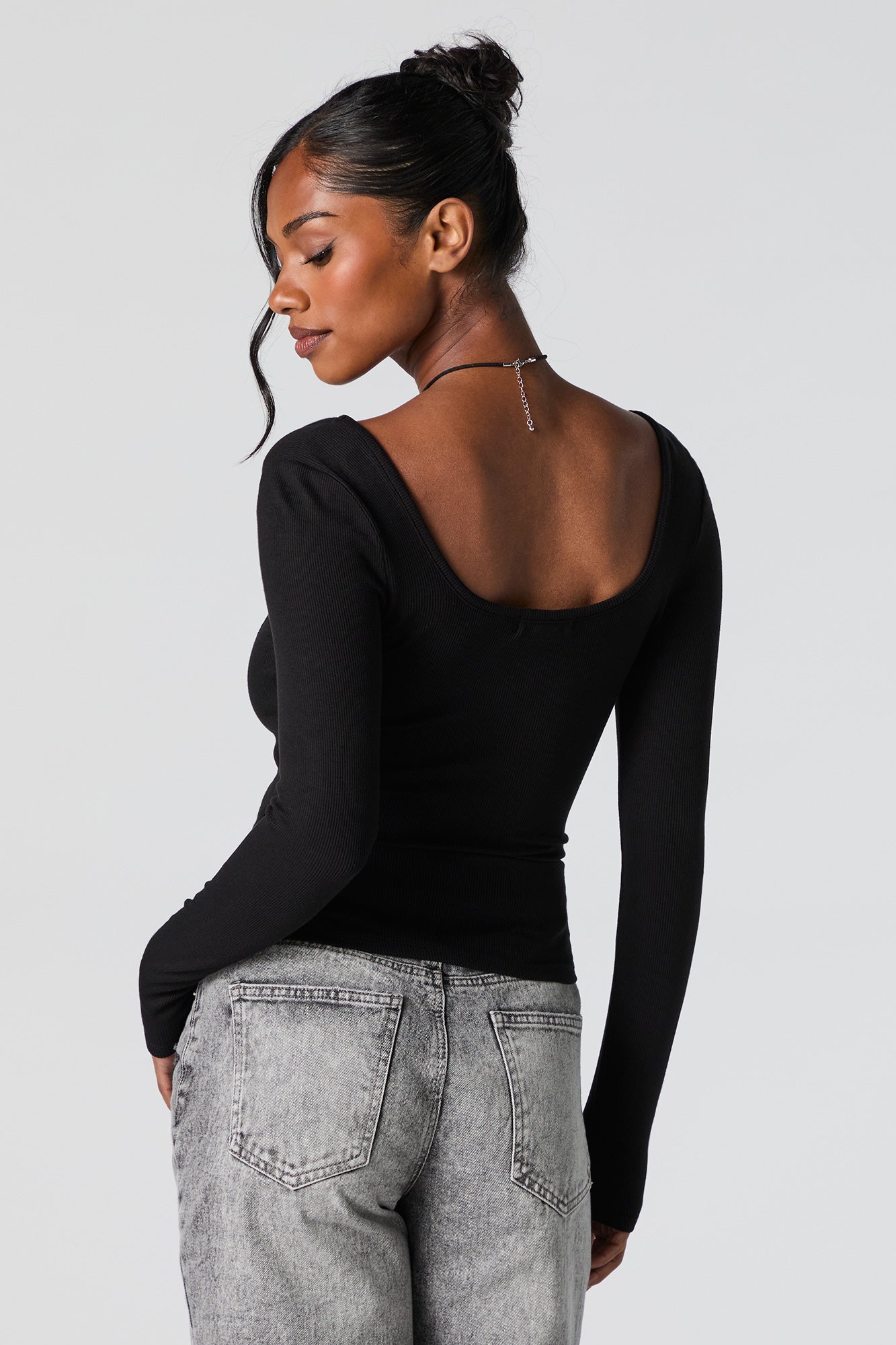Ribbed Scoop Neck Corset Style Long Sleeve Top