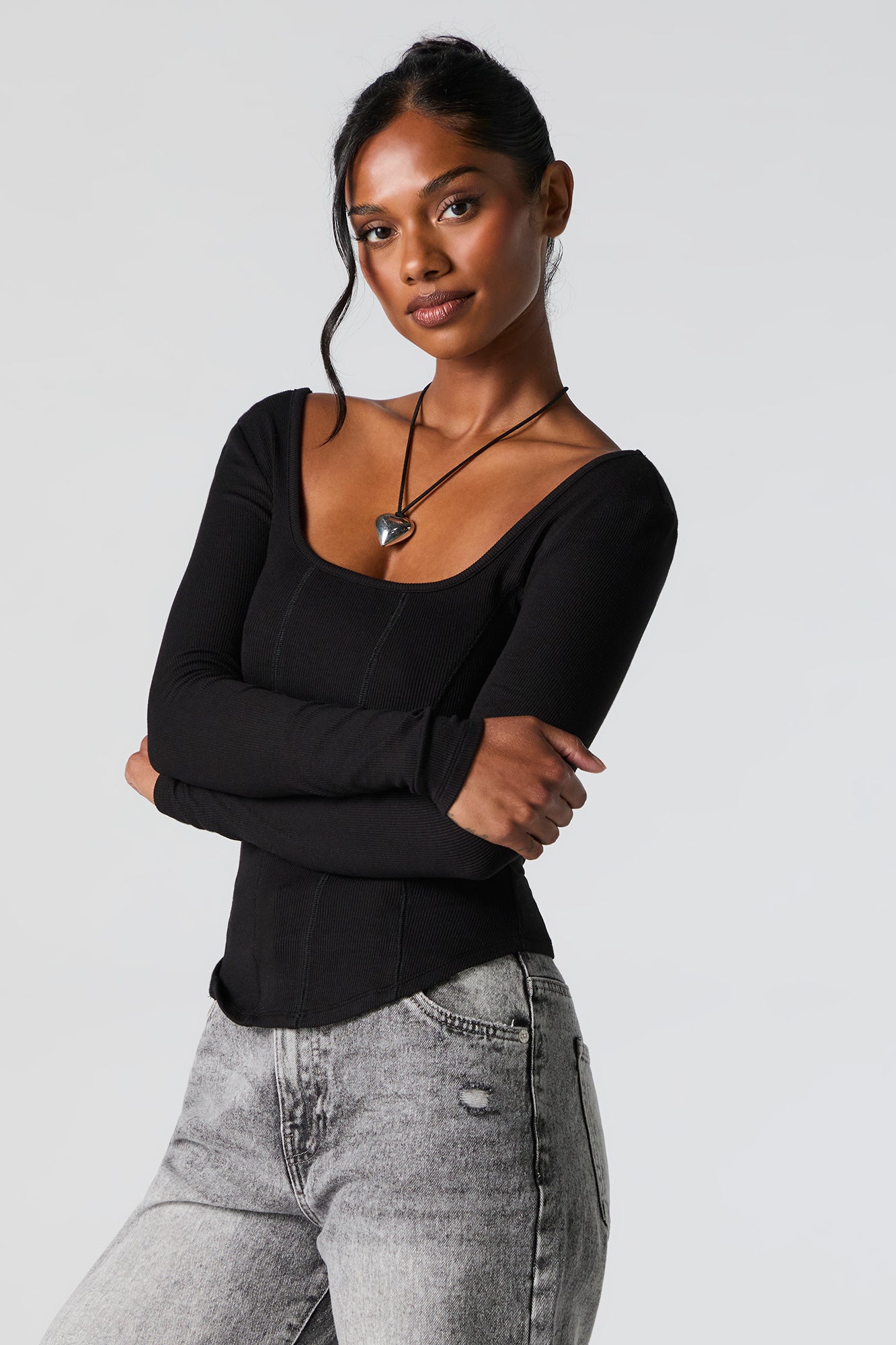 Ribbed Scoop Neck Corset Style Long Sleeve Top